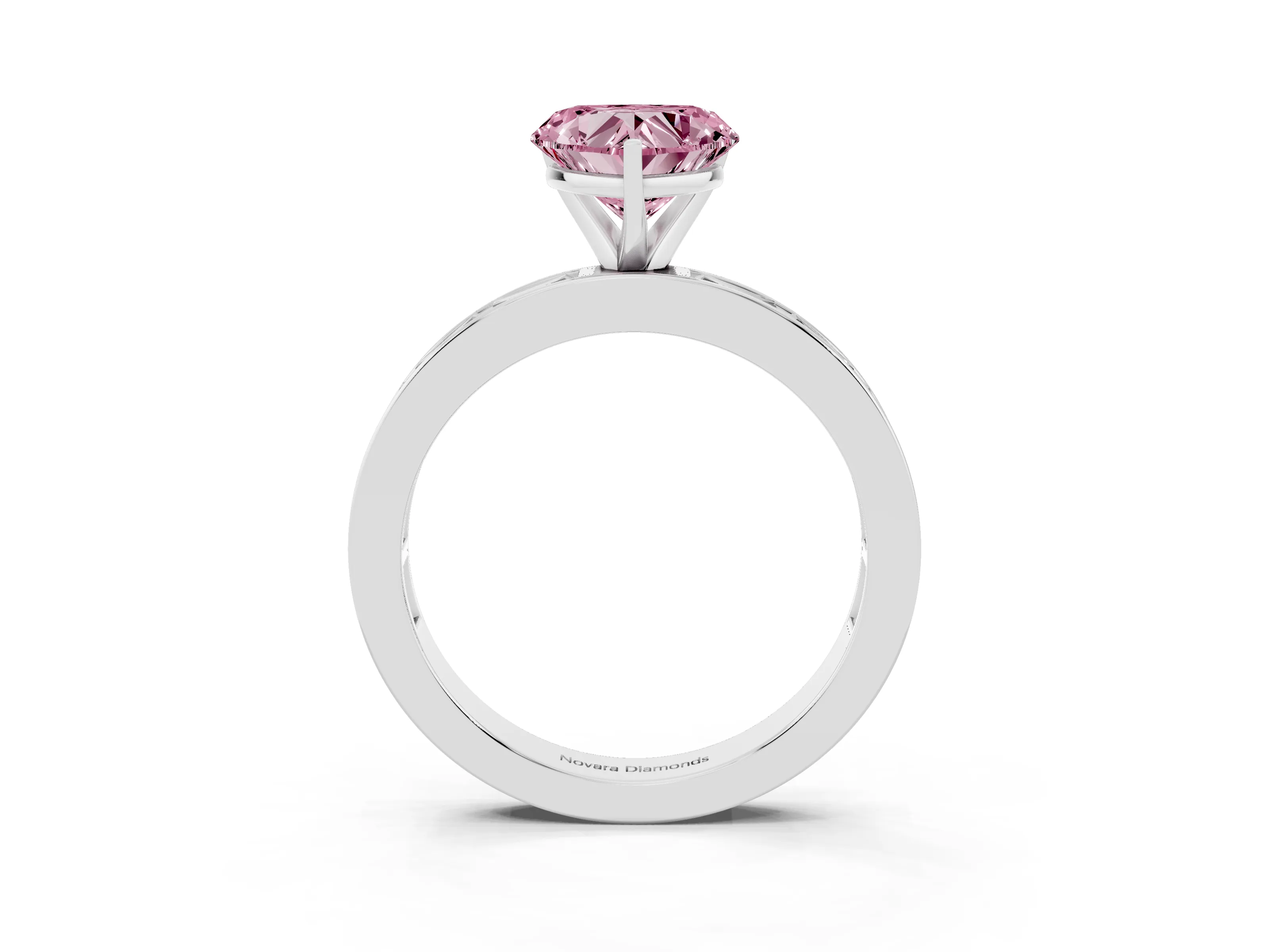 Fancy Pink Heart Cut Diamond Solitaire Ring Set in Platinum with Channel-Set Baguette Band and Prong Setting