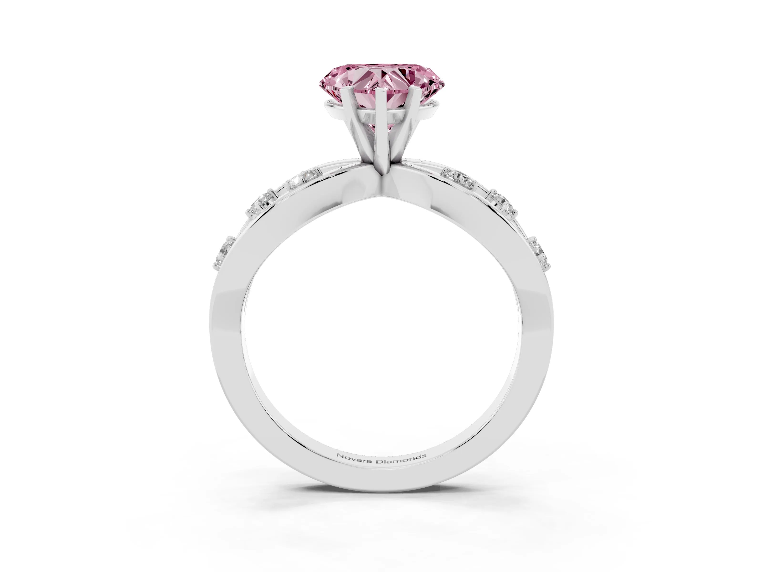 Fancy Pink Heart Cut Diamond Solitaire Ring Set in Silver with Side Stones on Criss-Cross Band and Prong Setting