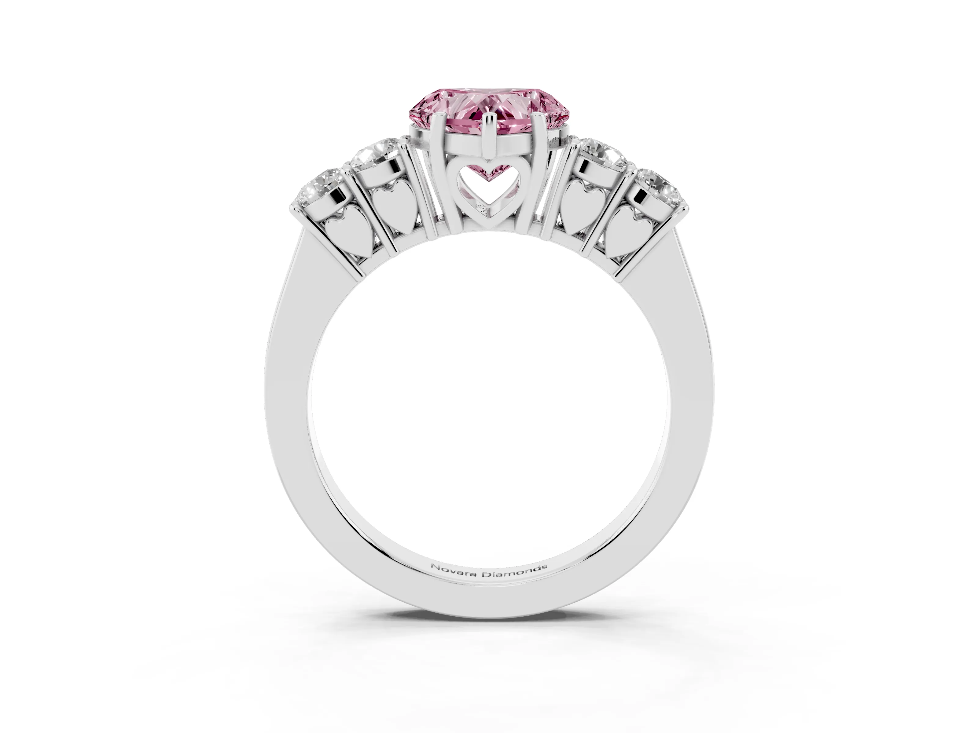 Fancy Pink Heart Cut Diamond Five-Stone Prong Set Band Ring Set in Platinum with Polished Band