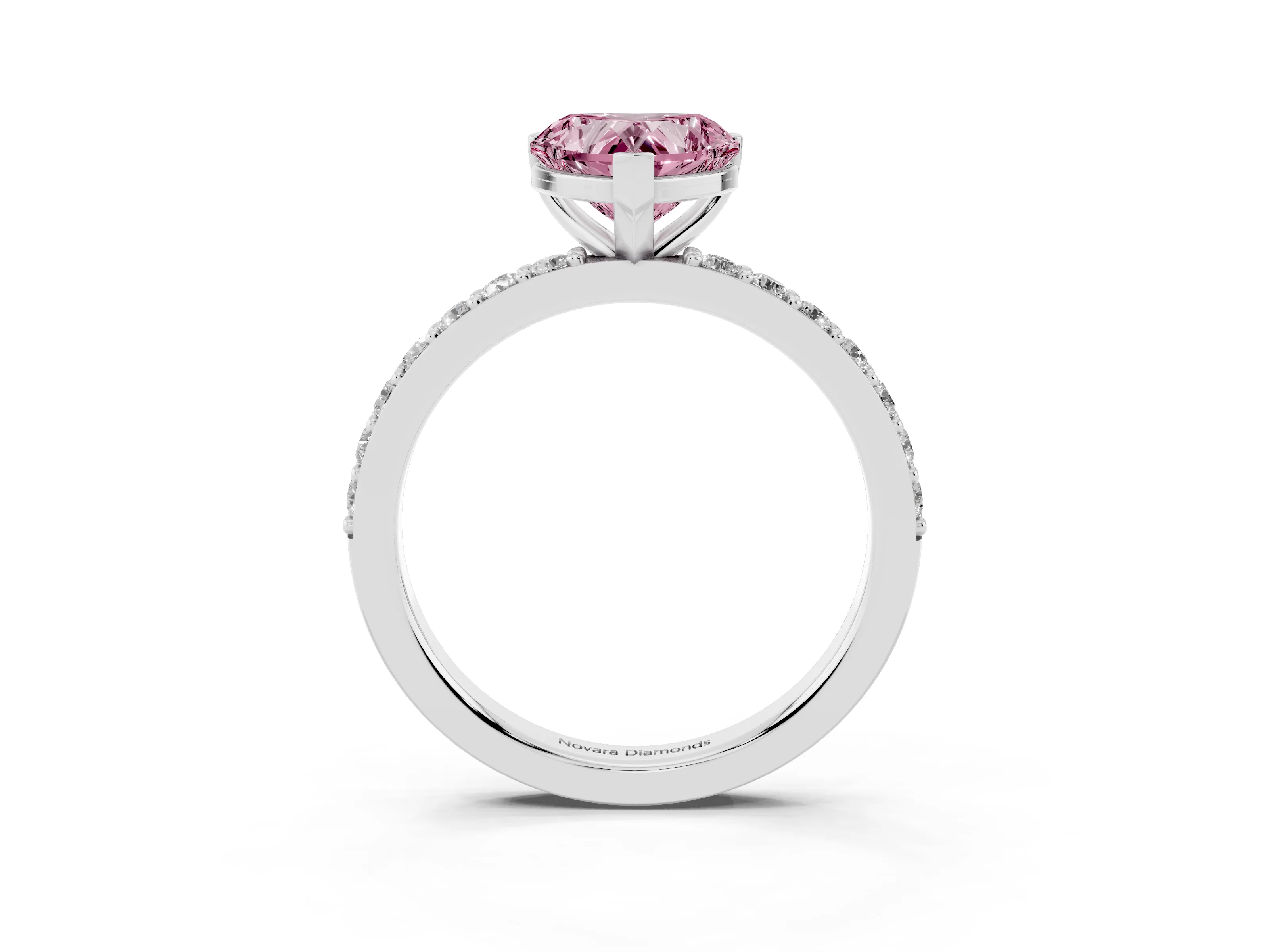 Fancy Pink Heart Cut Diamond Solitaire Set in White gold with Round Pavé Band and Prong Setting