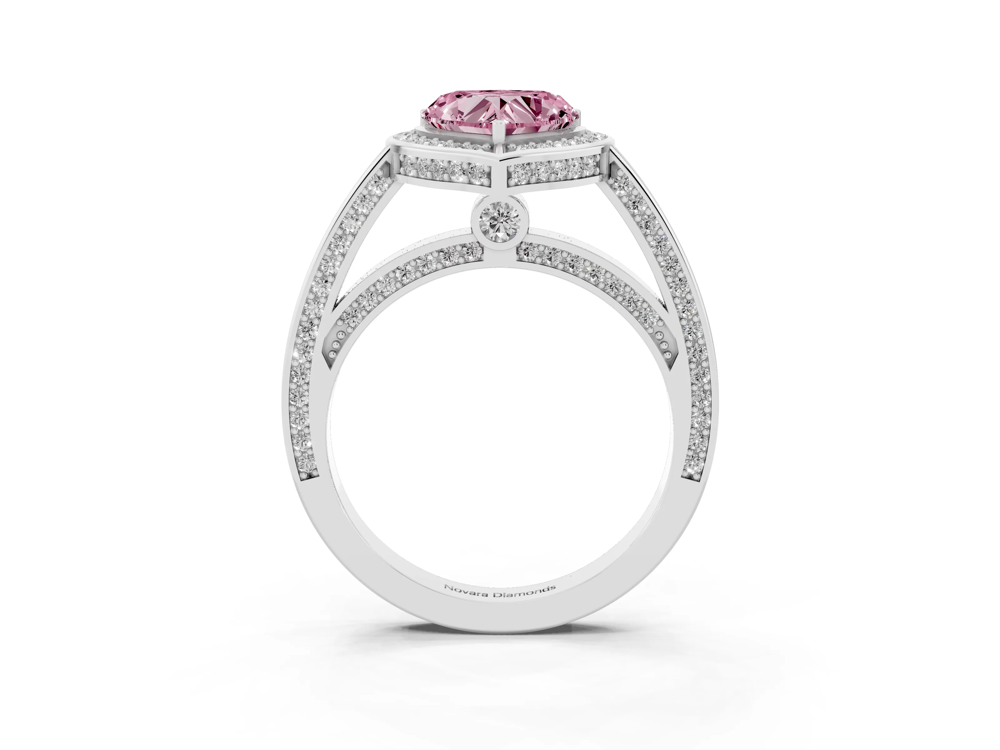Fancy Pink Heart Cut Diamond Halo Pavé Split Shank Ring Set in White gold with Prong Setting