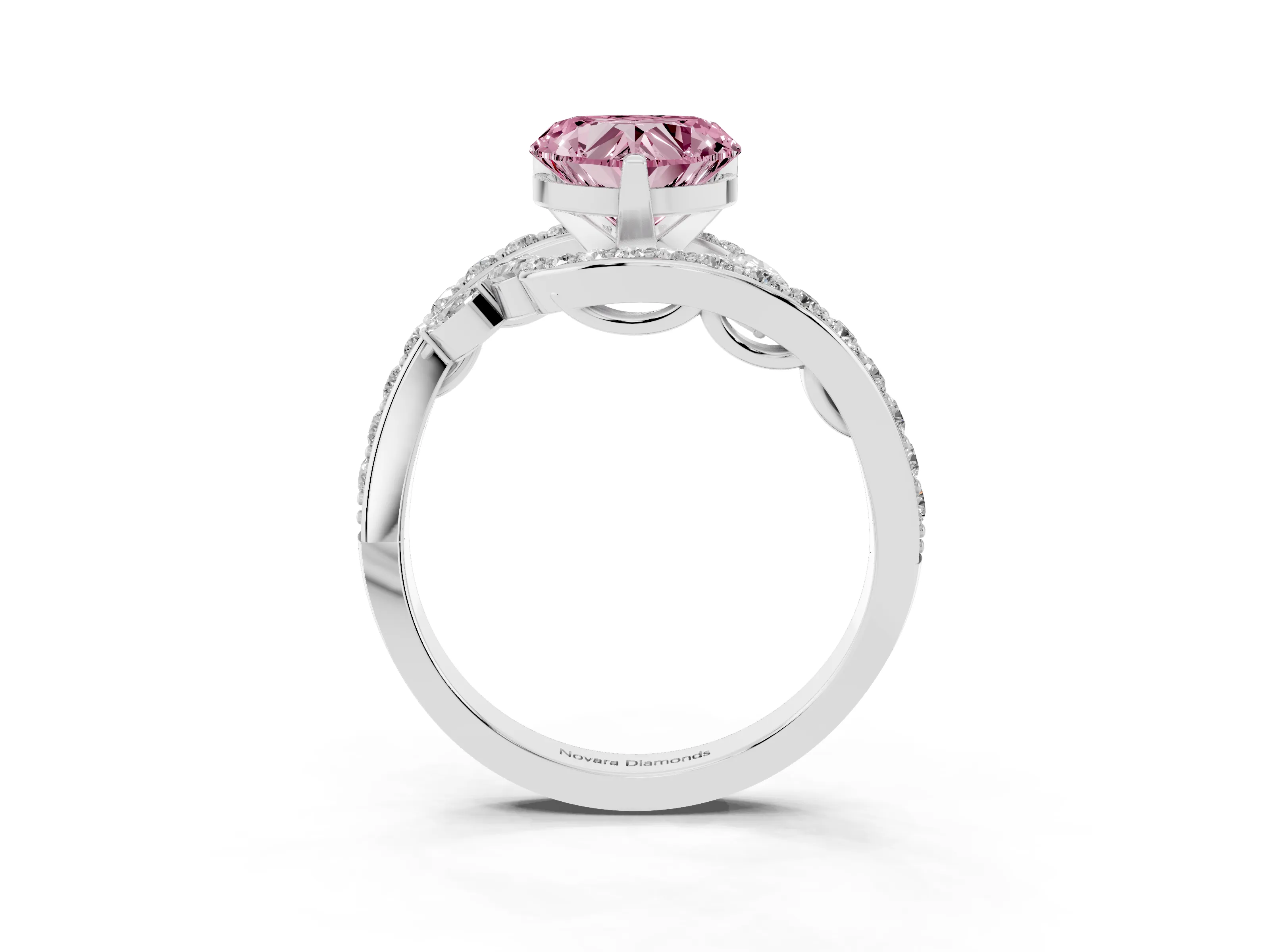 Fancy Pink Heart Cut Diamond Solitaire Ring Set in Platinum with Pavé Twist Band and Secure Prong Setting