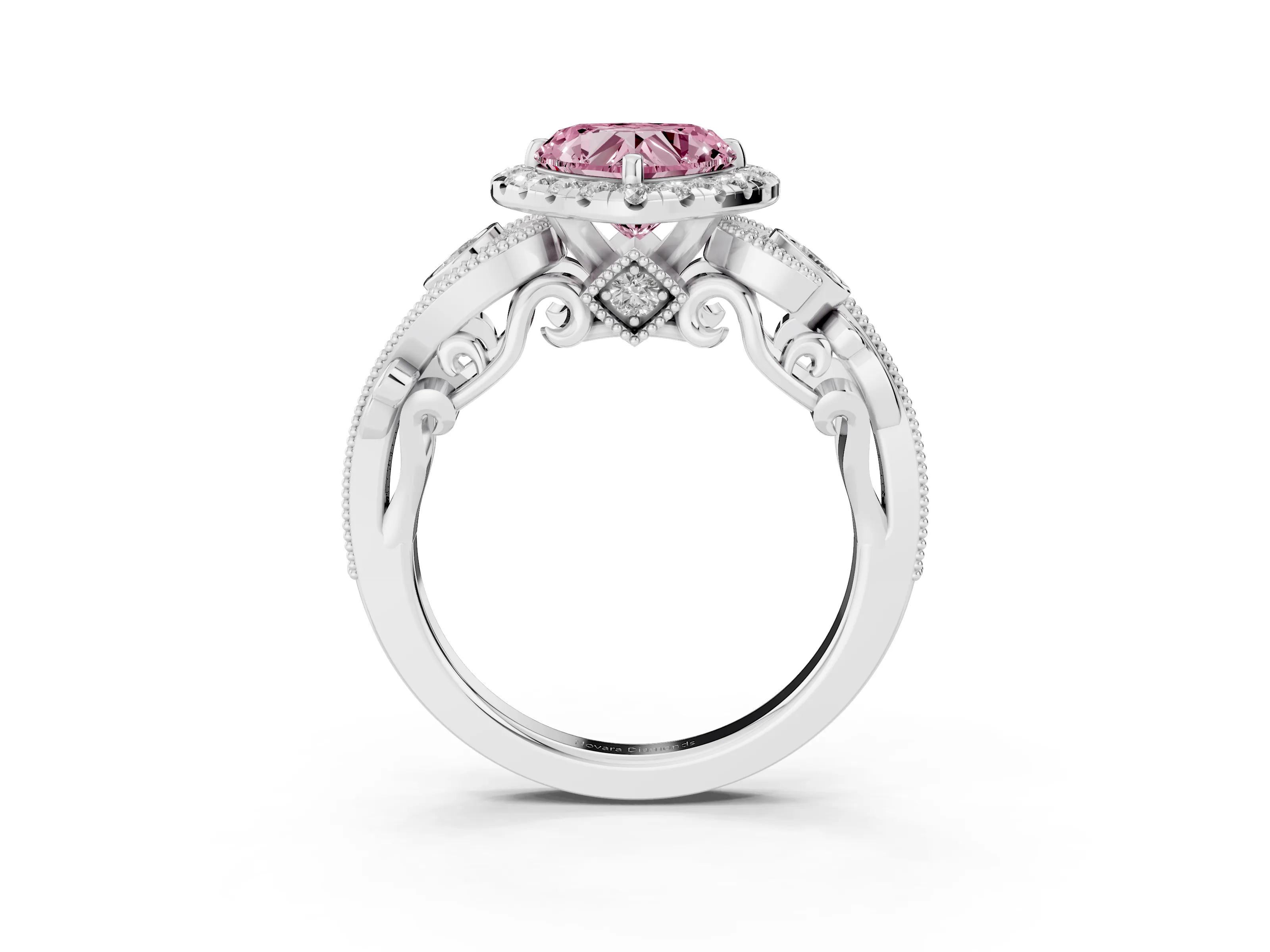 Fancy Pink Heart Cut Diamond Halo Ring Set in White gold with Milgrain Pavé Band and Prong Setting
