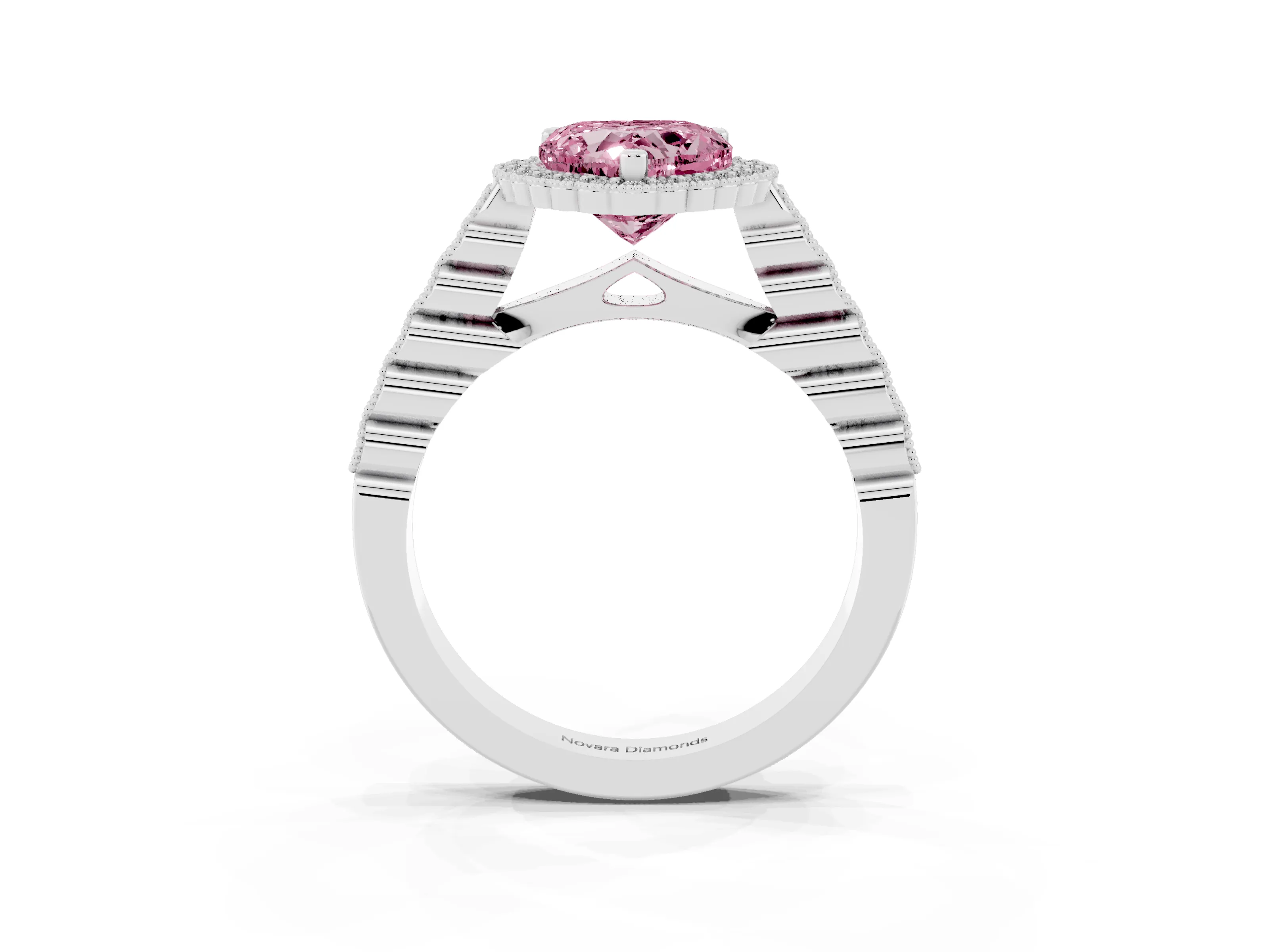 Fancy Pink Heart Cut Diamond Halo Ring Set in Platinum with Pavé Milgrain Band