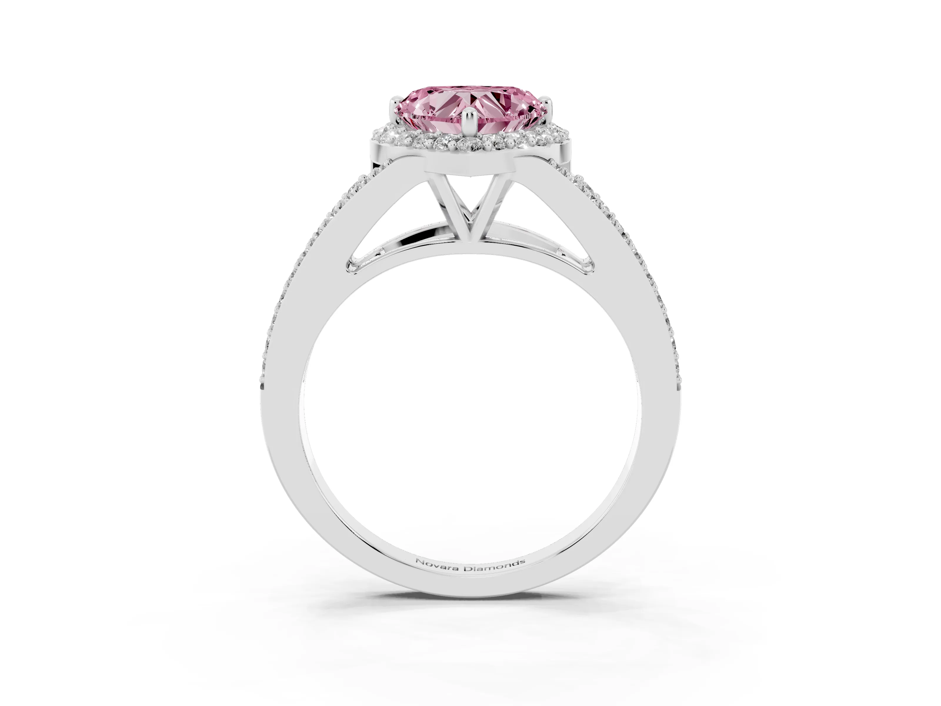 Fancy Pink Heart Cut Diamond Halo Split Shank Pavé Ring Set in Silver with Prong Setting