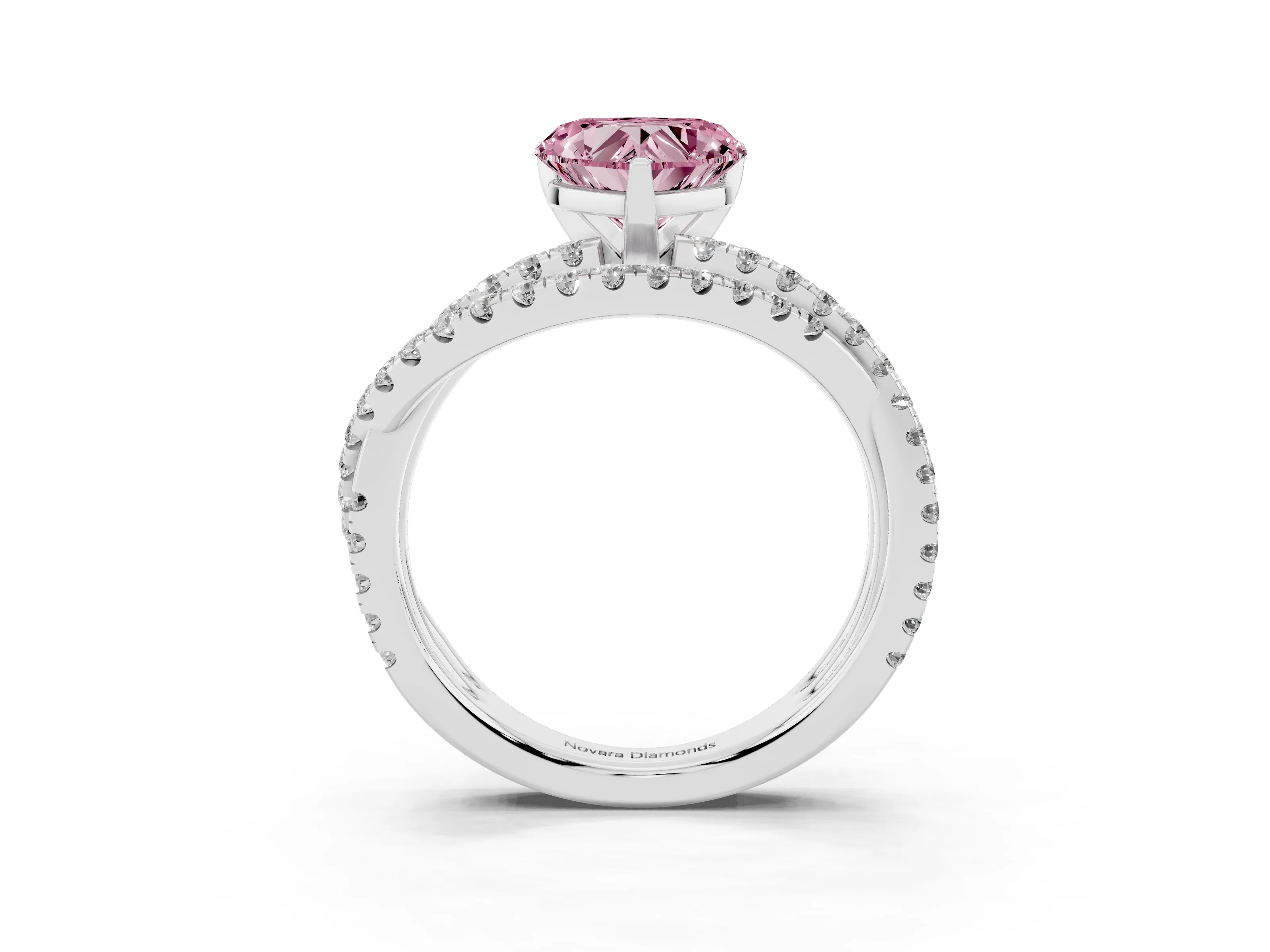 Fancy Pink Heart Cut Diamond Solitaire Twist Band Ring Set in Silver with Pavé Setting and Prong Head