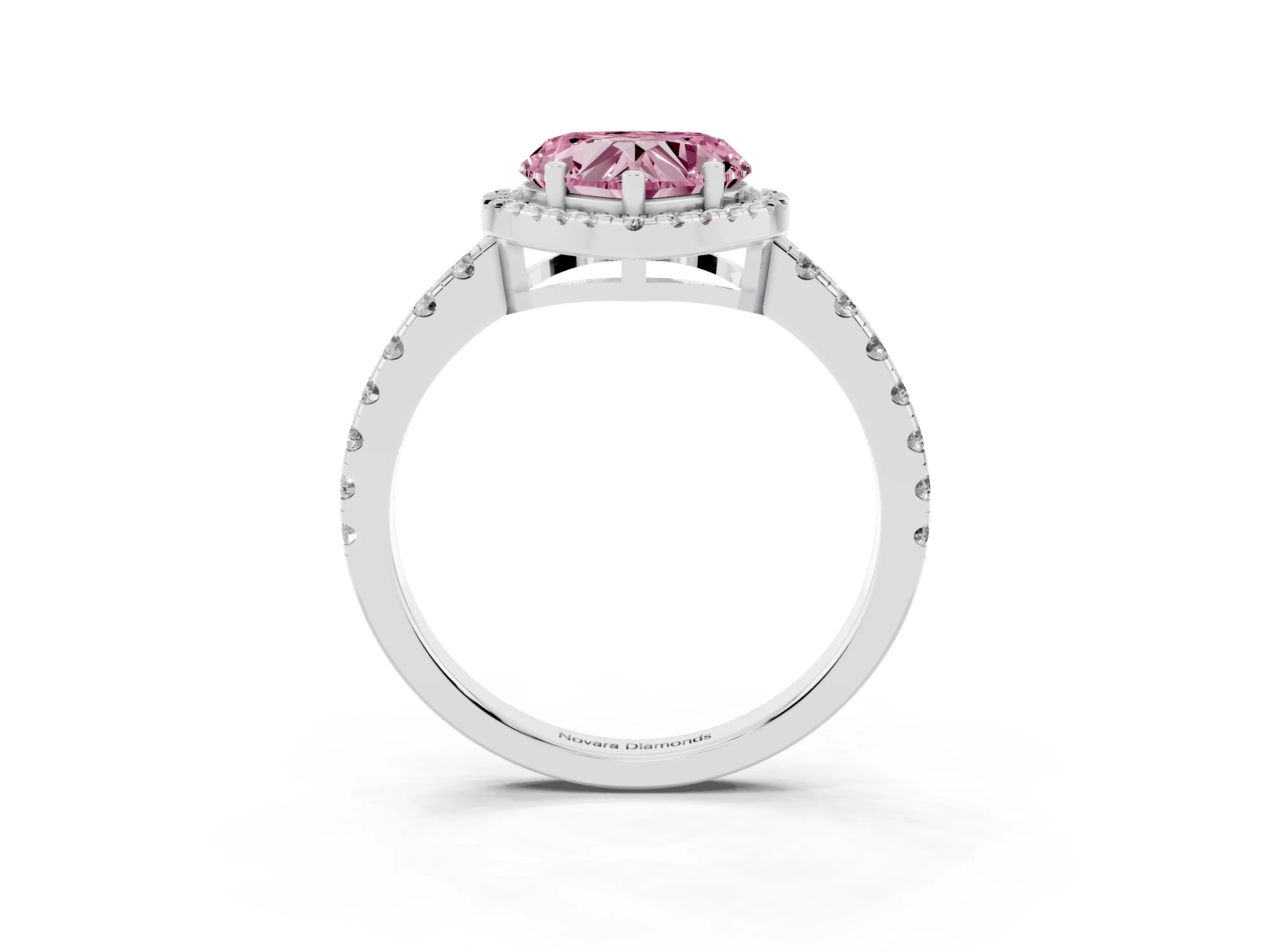 Fancy Pink Heart Cut Diamond Halo Ring Set in Platinum with Delicate Pavé Band and Prong Setting