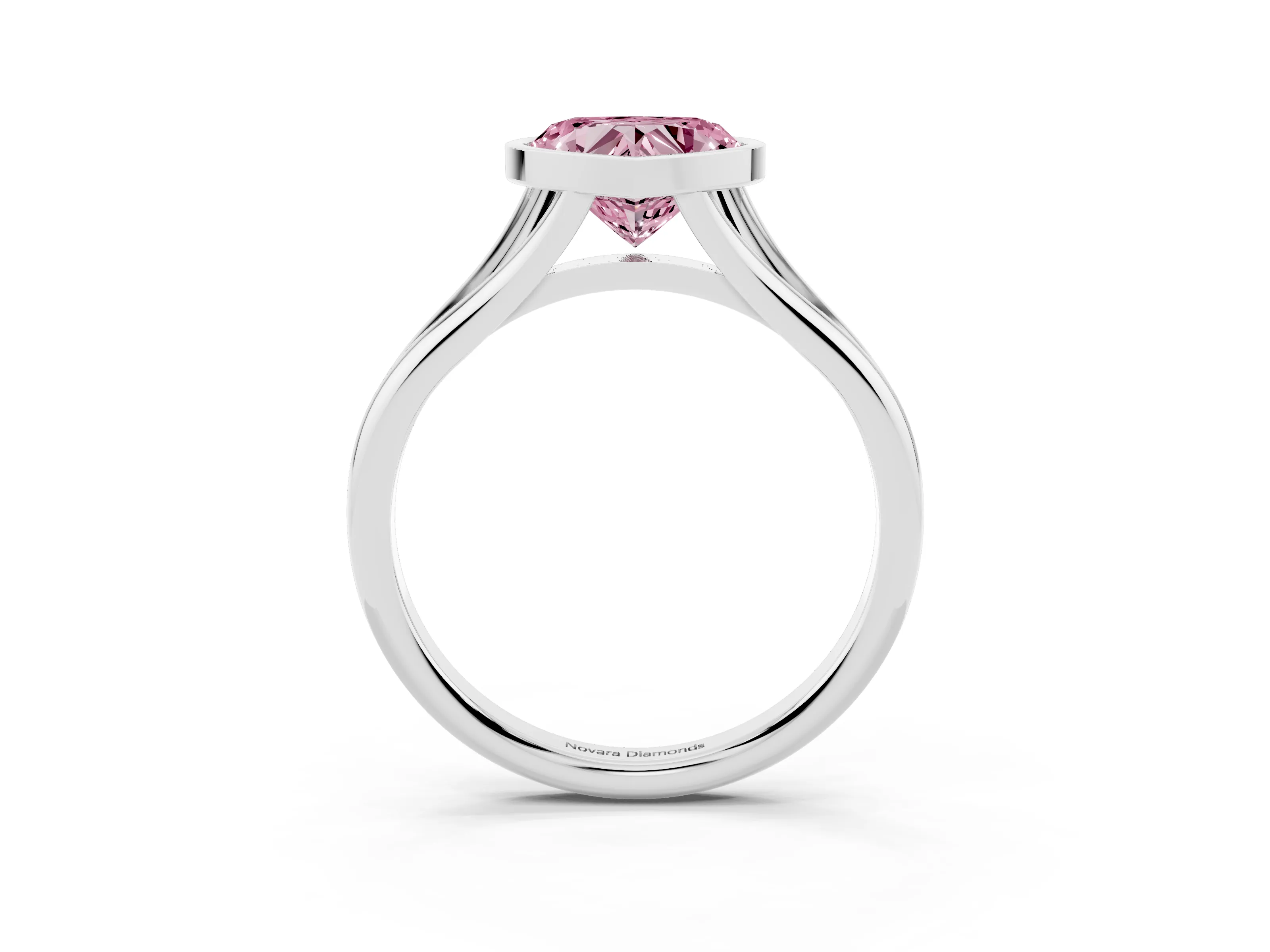 Fancy Pink Bezel Set Heart Cut Diamond Solitaire Ring Set in Platinum with Tapered Band