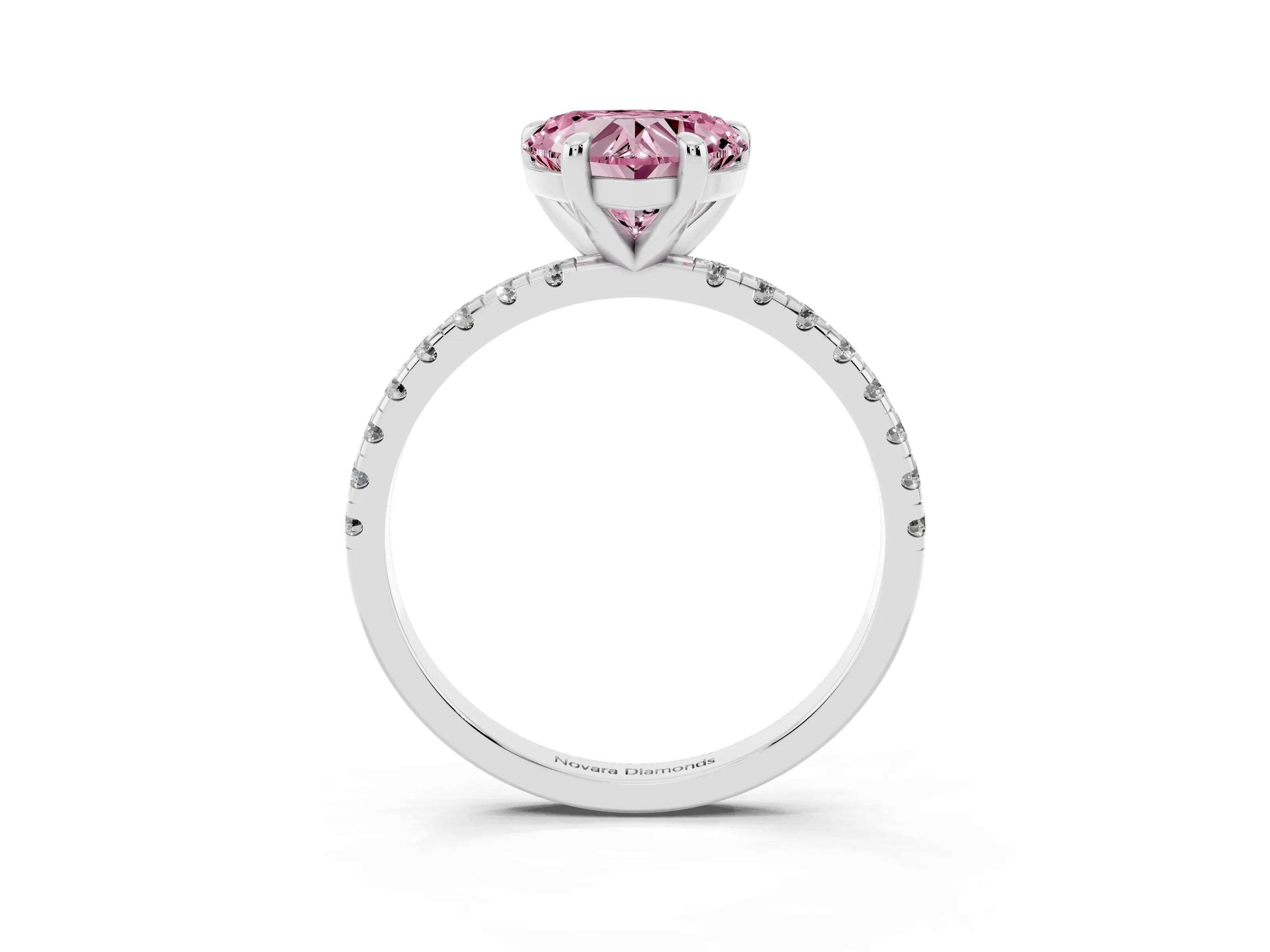 Fancy Pink Heart Cut Diamond Brilliant Solitaire Ring Set in White gold with Pavé Band and Prong Setting