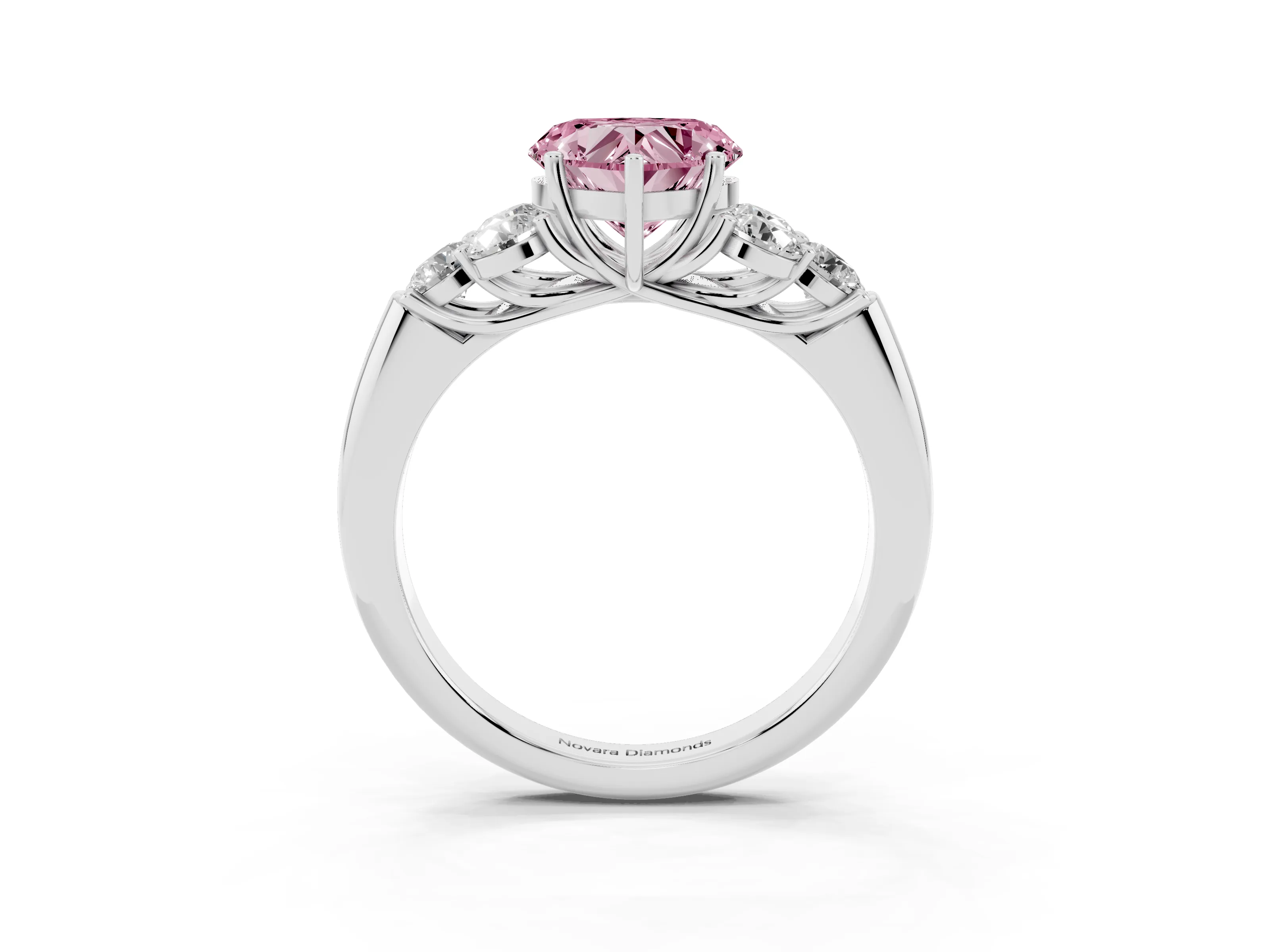 Fancy Pink Heart Cut Diamond Cluster Ring Set in Silver with Round Accent Stones and Prong Setting on a Plain Band