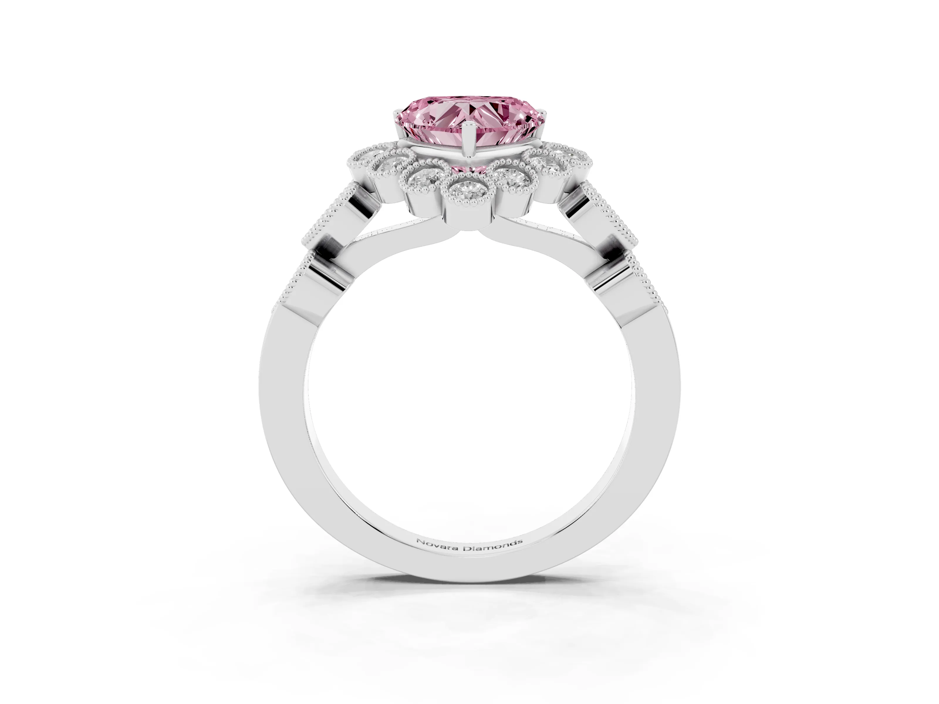 Fancy Pink Heart Cut Diamond Solitaire Ring Set in Platinum with Milgrain Pavé Heart Band