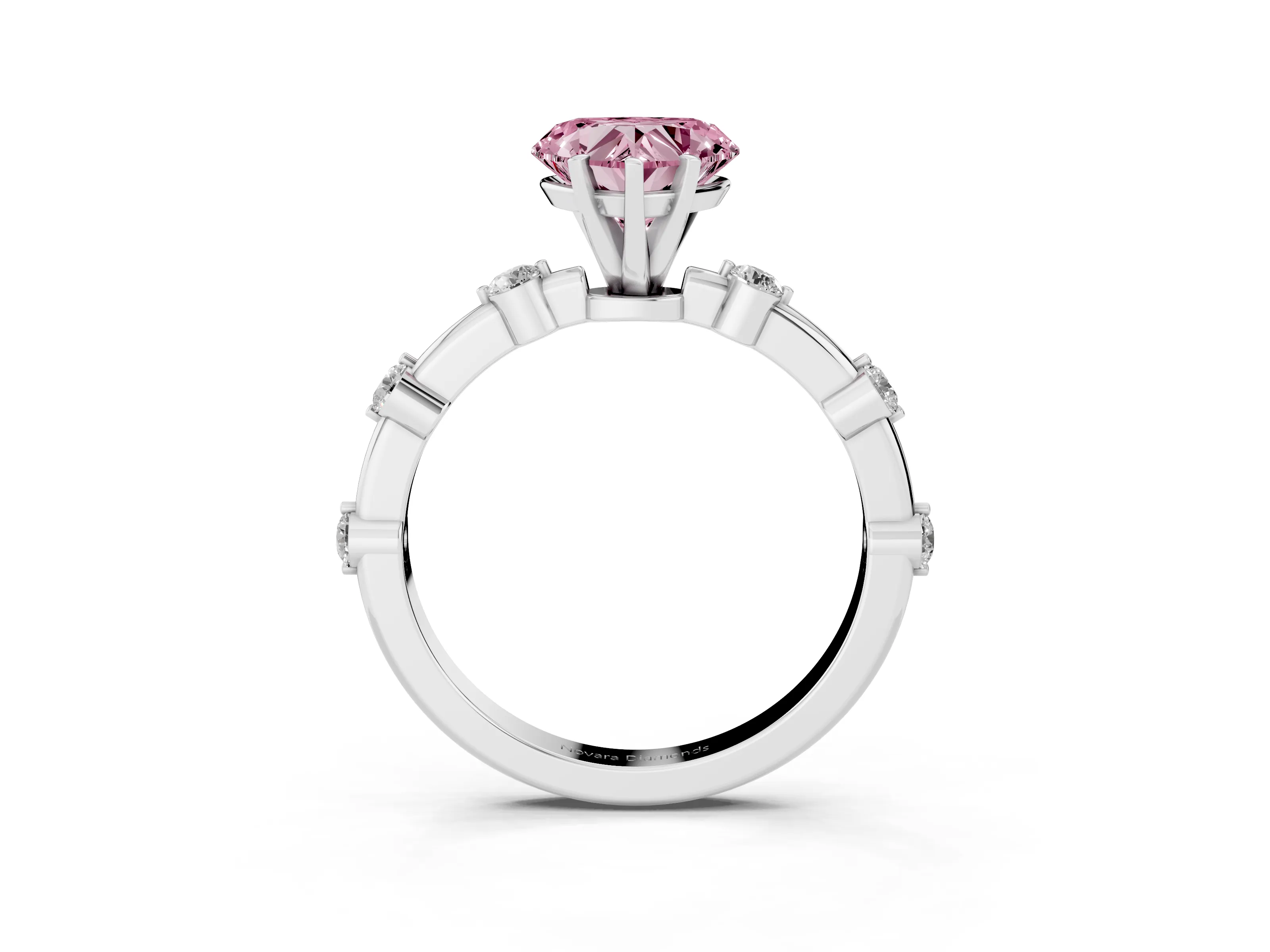 Fancy Pink Heart Cut Diamond Solitaire Ring Set in White gold with Bezel Set Side Stones and Prong Setting