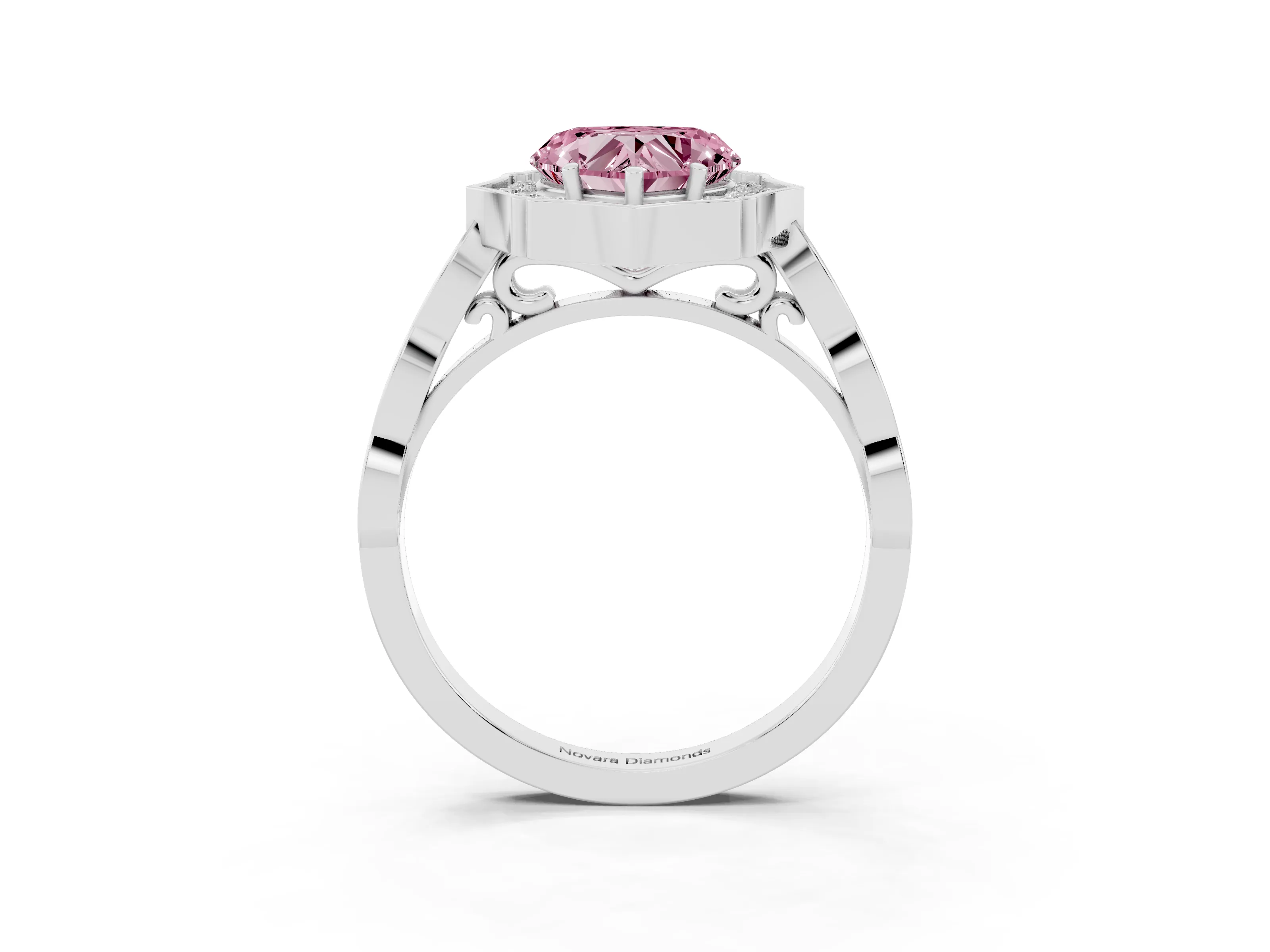 Fancy Pink Heart Cut Diamond Halo Engagement Ring Set in White gold with Milgrain Band and Prong Setting