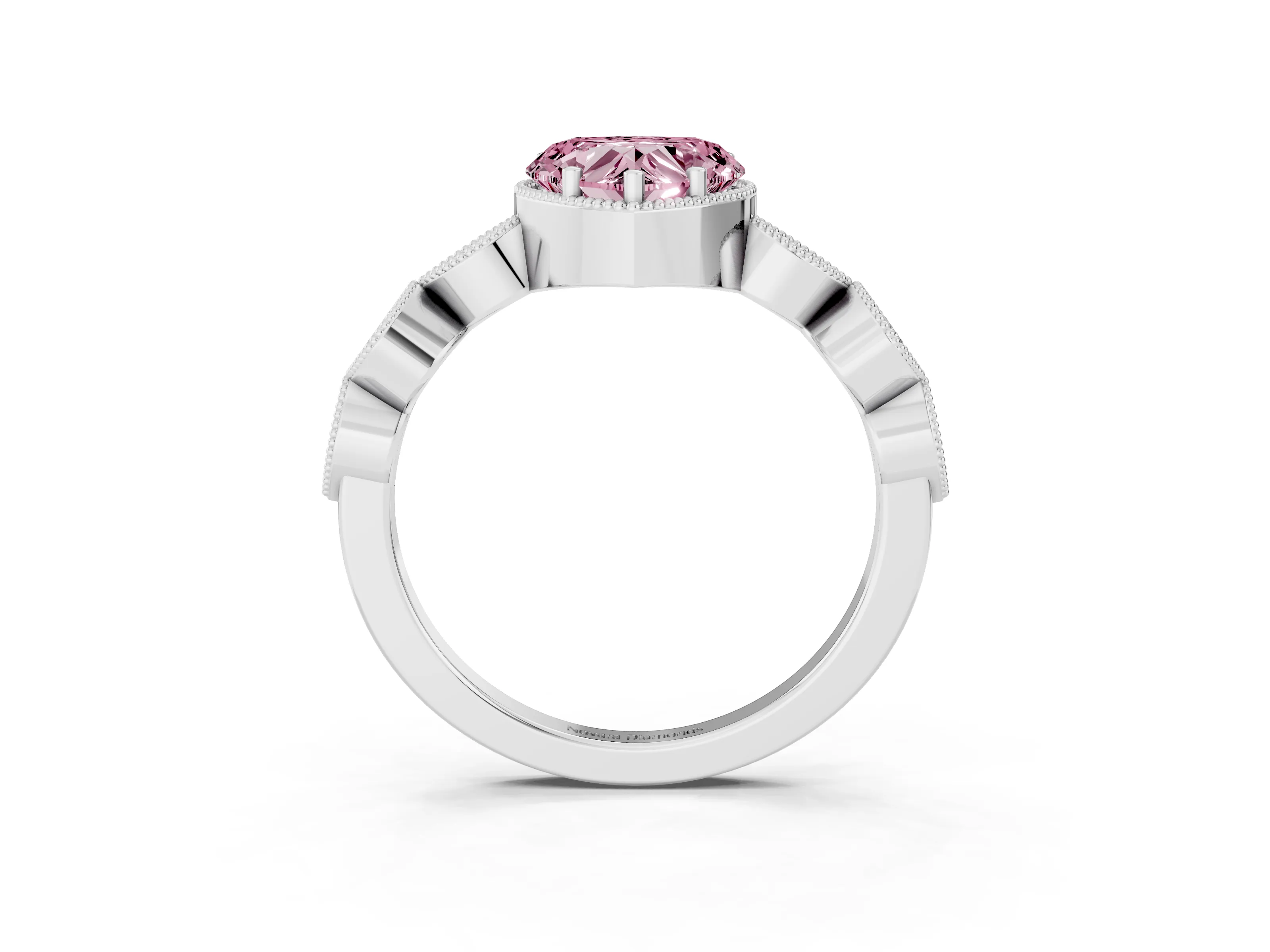 Fancy Pink Heart Cut Diamond Vintage-Inspired Milgrain Ring Set in White gold with Marquise Stations of Round Accents