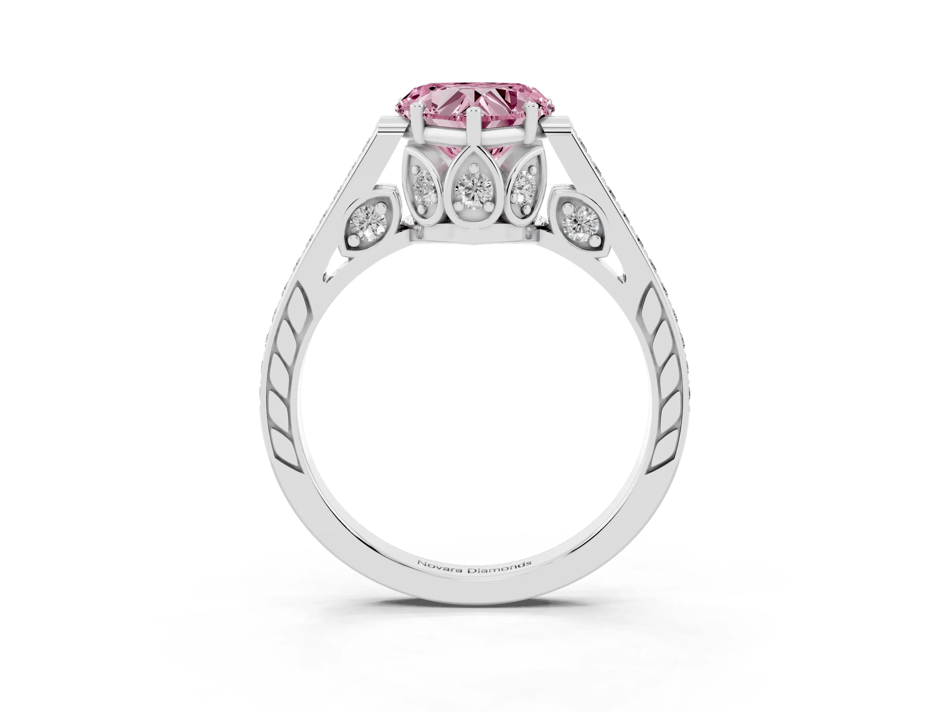 Fancy Pink Heart Cut Diamond Cathedral Pavé Engagement Ring Set in Platinum with Prong Setting