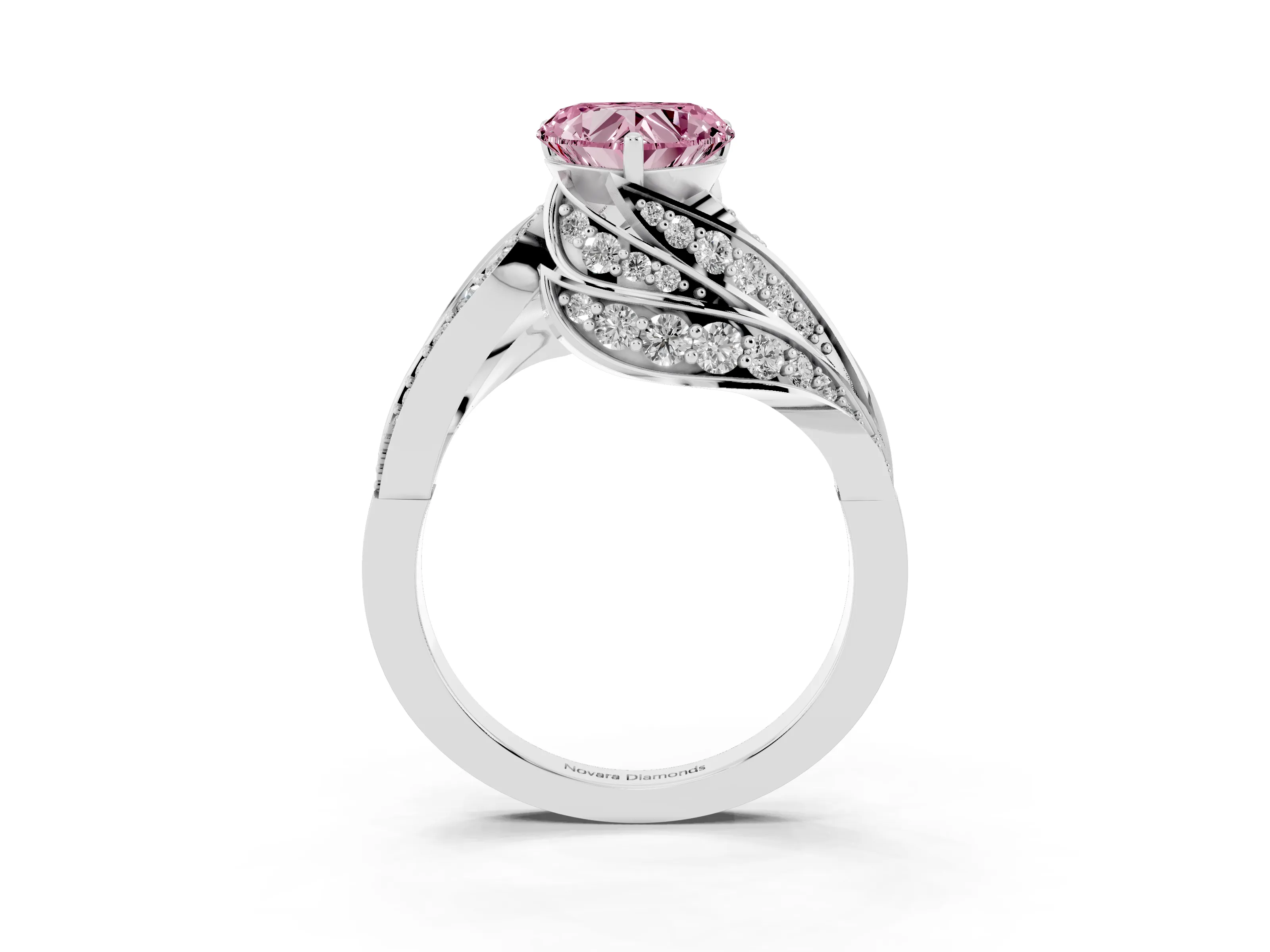 Fancy Pink Heart Cut Diamond Solitaire Ring Set in Platinum with Layered Twist Pavé Band