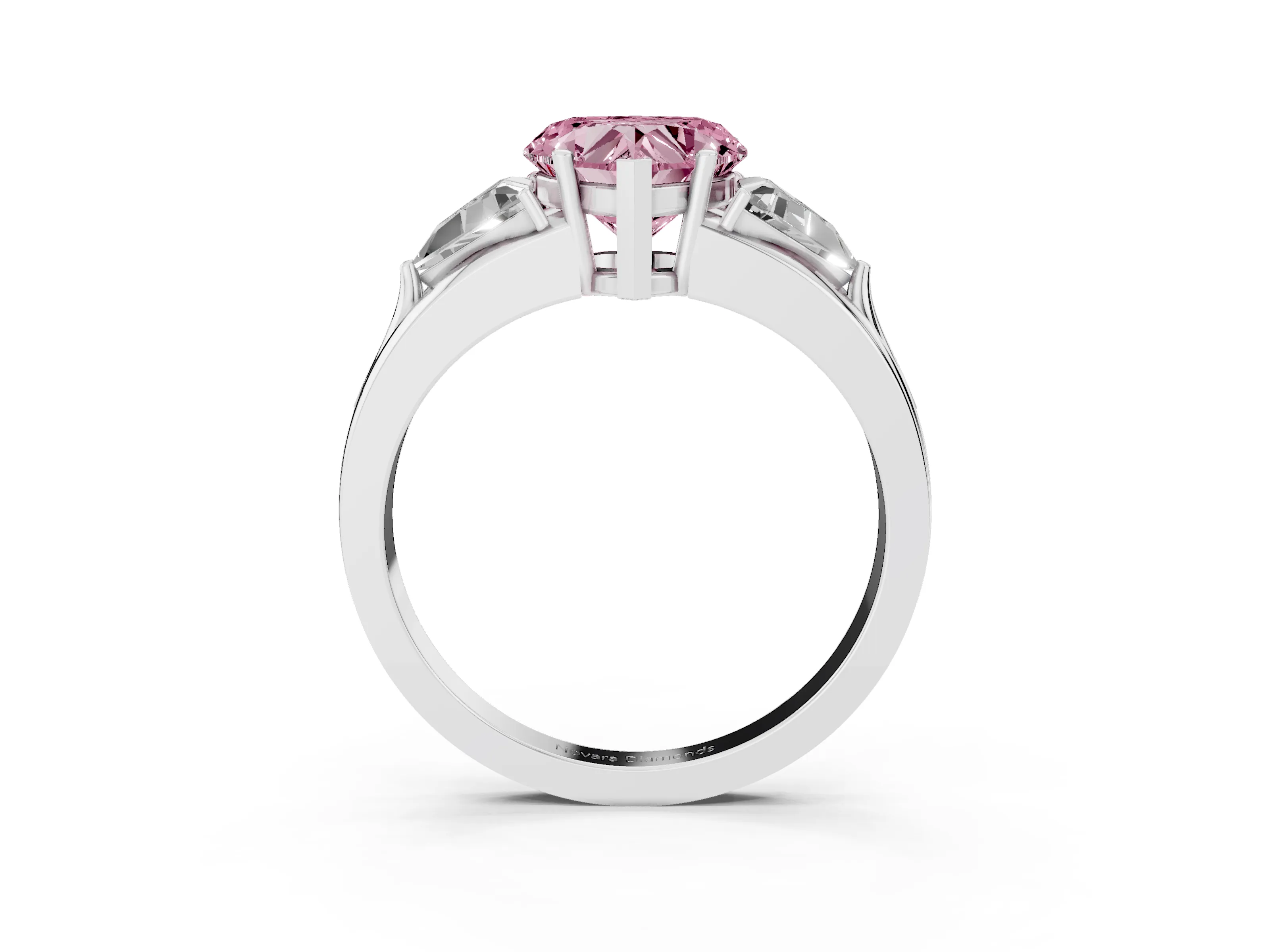 Fancy Pink Heart Cut Diamond Three-Stone Ring Set in Platinum with Trillion Side Stones and Split Shank