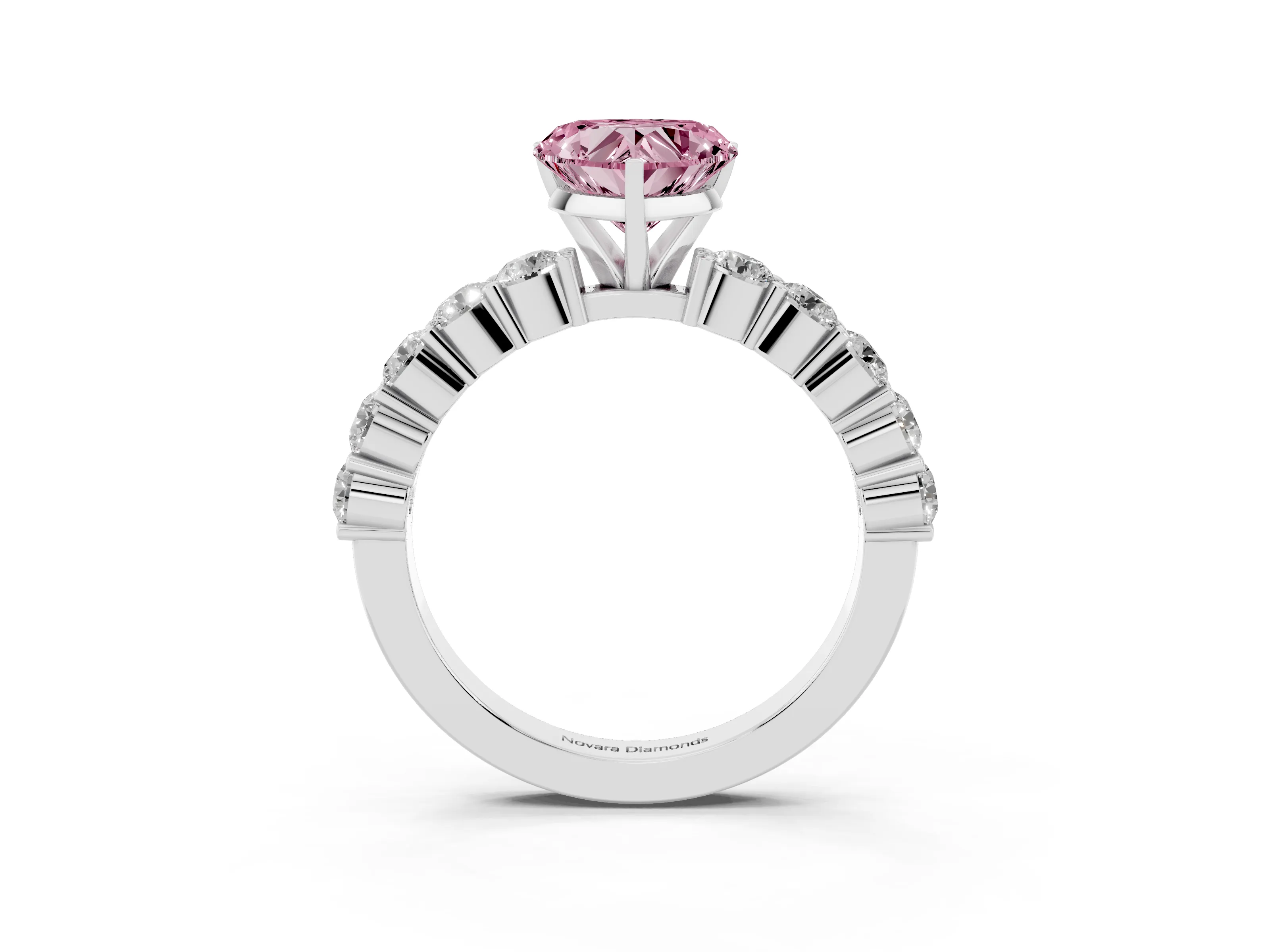 Fancy Pink Heart Cut Diamond Solitaire Ring Set in White gold with Shared Prong Round Side Stones