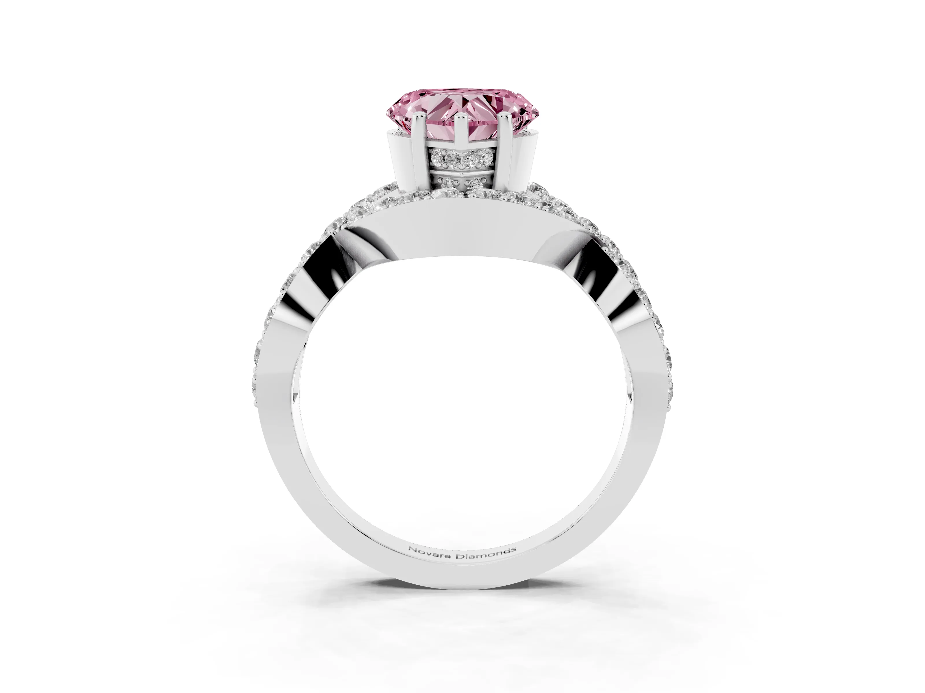 Fancy Pink Heart Cut Diamond Solitaire Twist Band Pavé Engagement Ring Set in Platinum