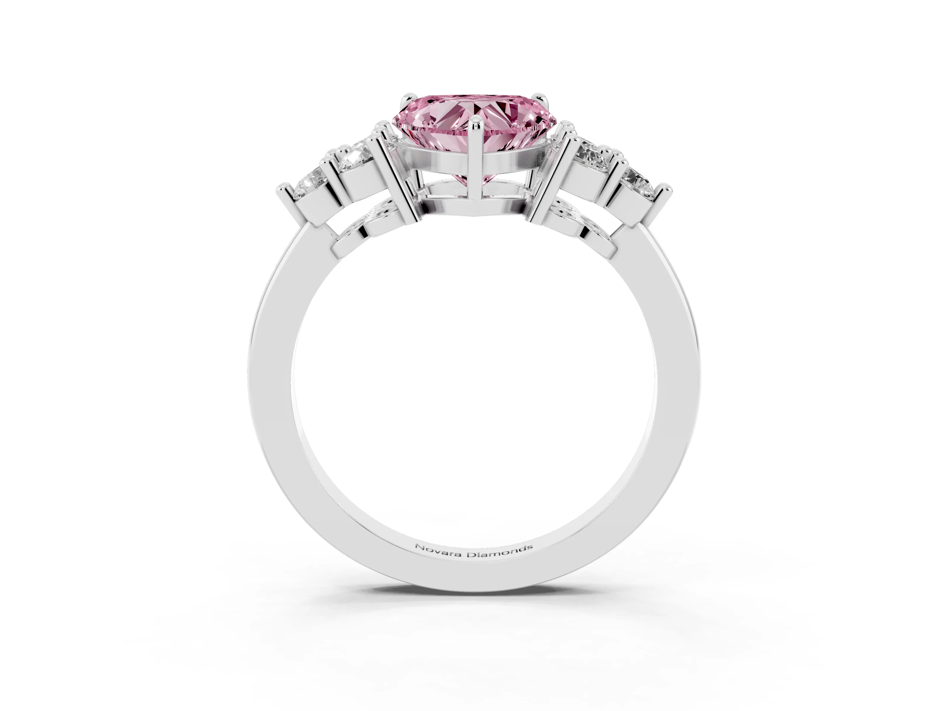 Fancy Pink Heart Cut Diamond Solitaire Ring Set in Silver with Cluster Accents on Each Side