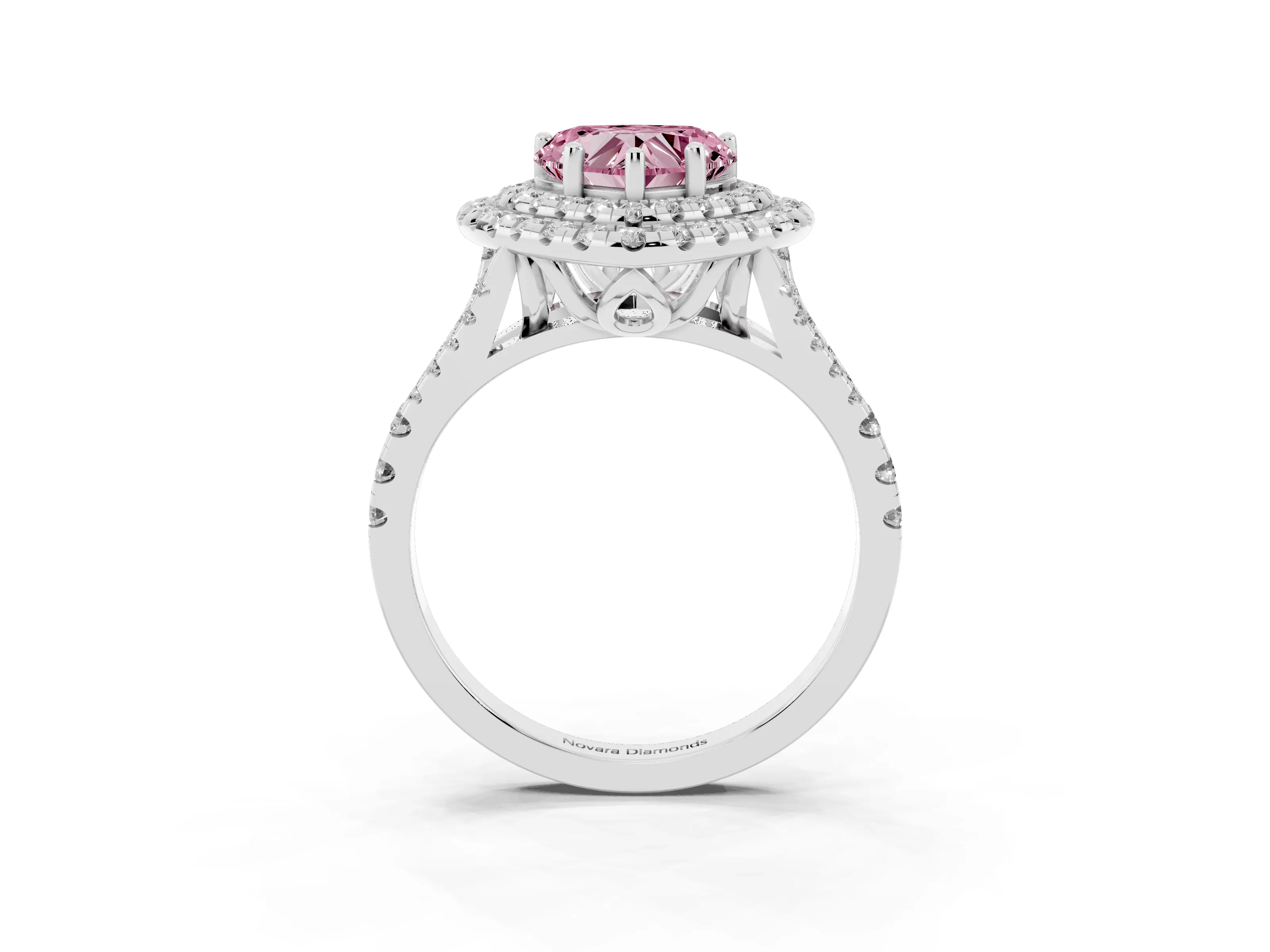 Fancy Pink Heart Cut Diamond Double Halo Ring Set in White gold with Pavé Split Shank and Prong Setting