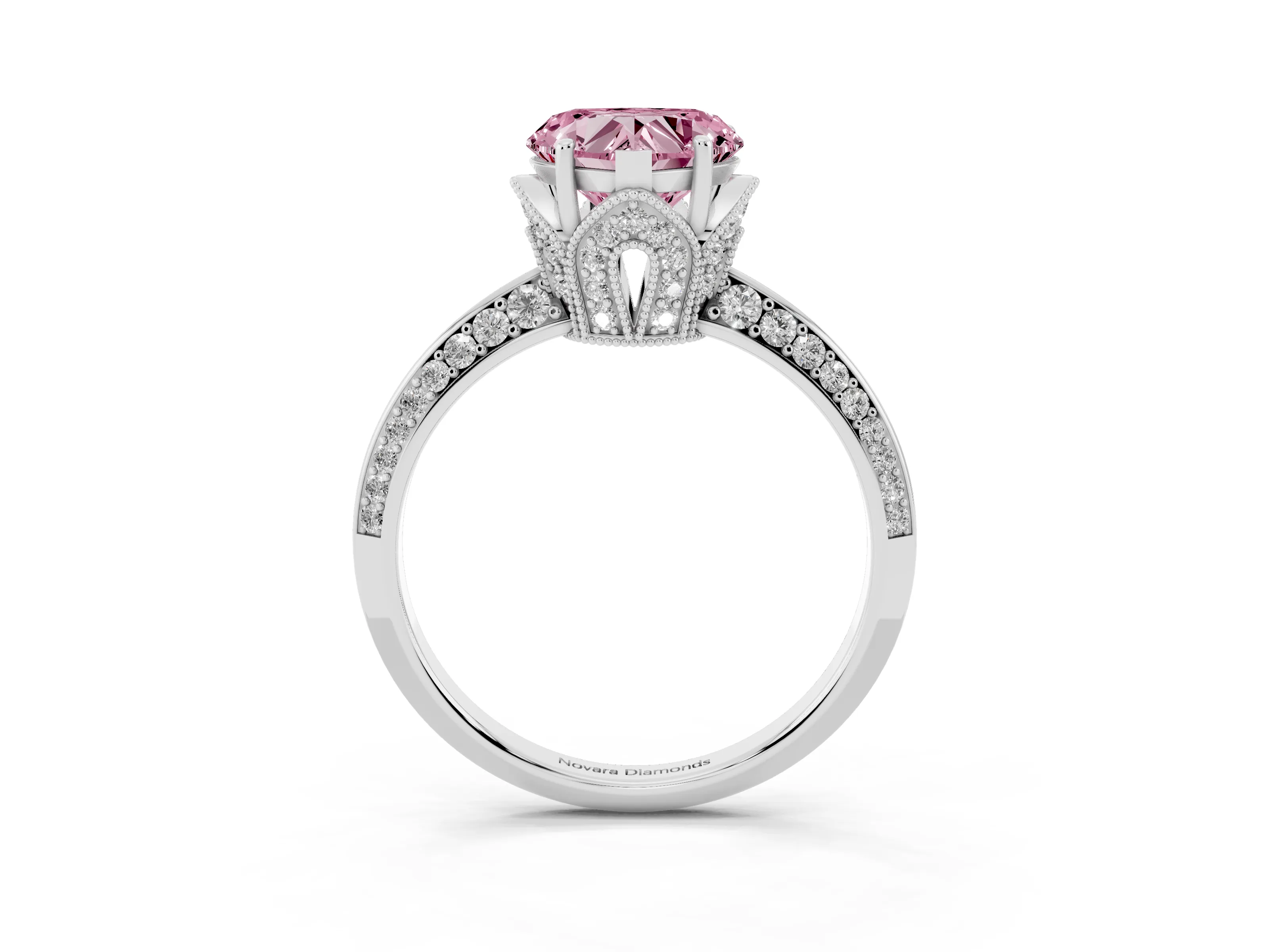 Fancy Pink Heart Cut Diamond Solitaire Engagement Ring Set in White gold with Pavé Split Shank and Prong Setting