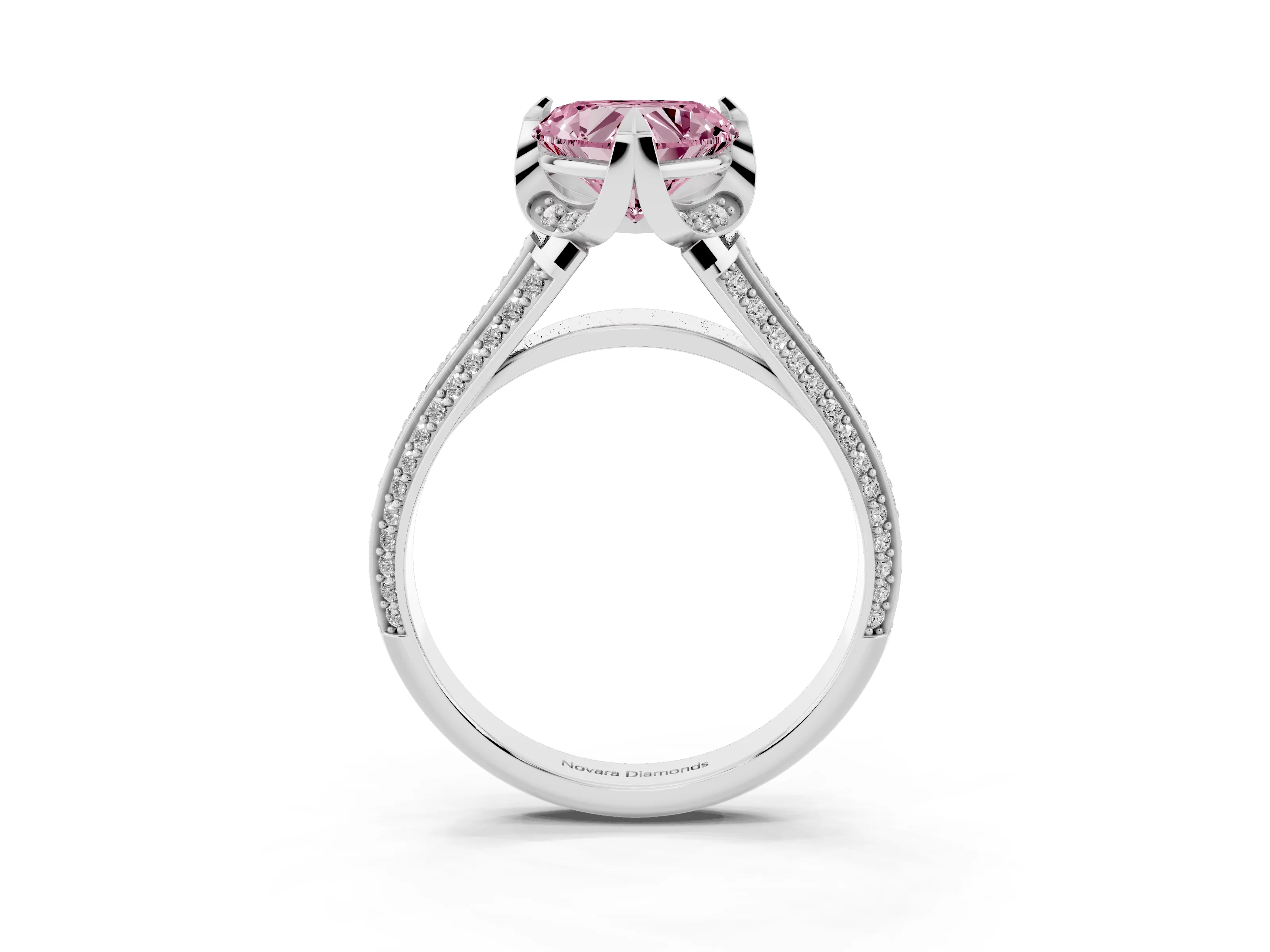 Fancy Pink Heart Cut Diamond Pavé Split Shank Solitaire Ring Set in Silver with Prong Setting