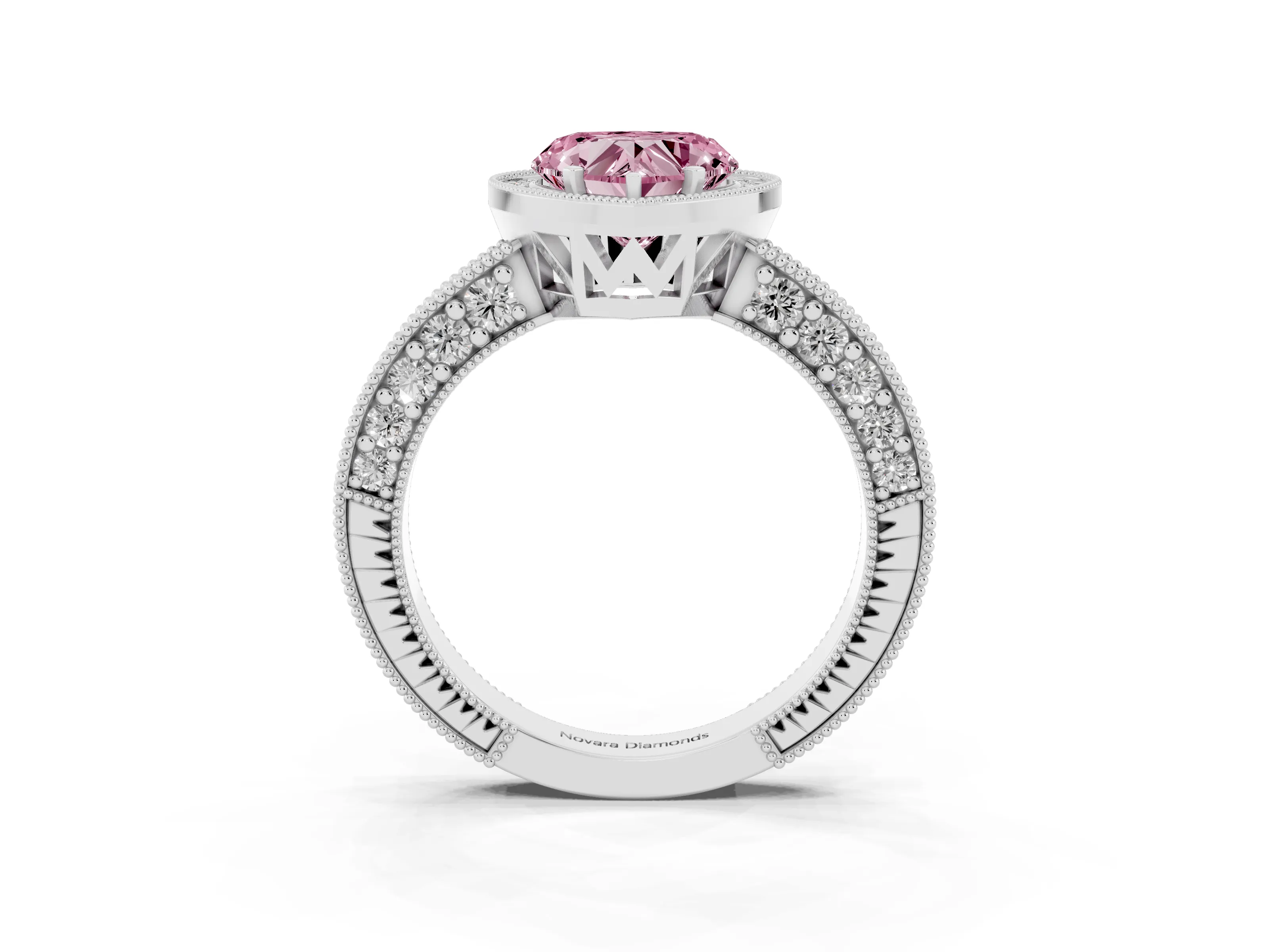Fancy Pink Heart Cut Diamond Halo Pavé Band Ring Set in Platinum with Prong-Set Center