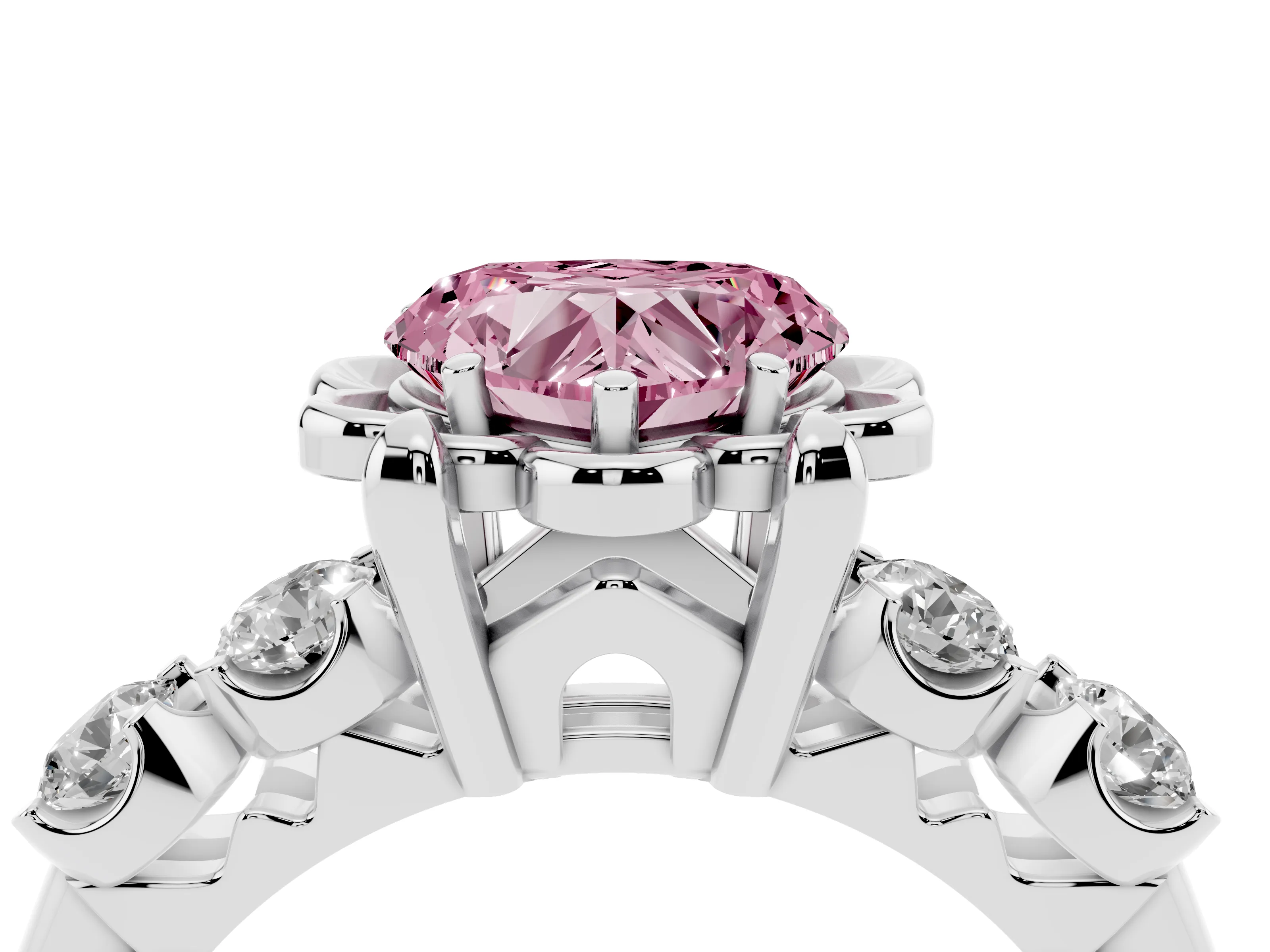 Fancy Pink Heart Cut Diamond Floral Halo Ring Set in Silver with Shared Prong Band