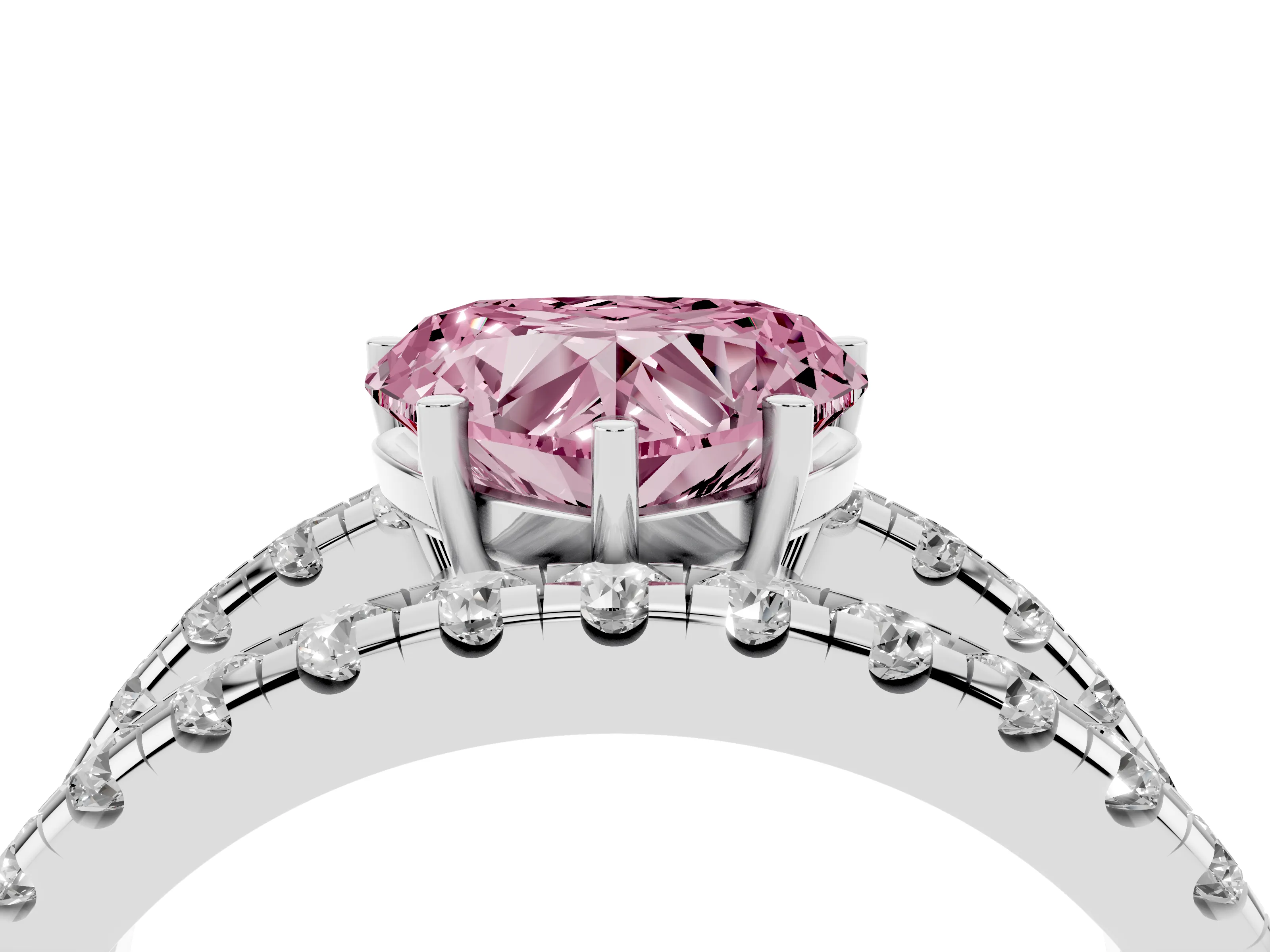 Fancy Pink Heart Cut Diamond Split Shank Pavé Solitaire Ring Set in Silver with Open Shank Design