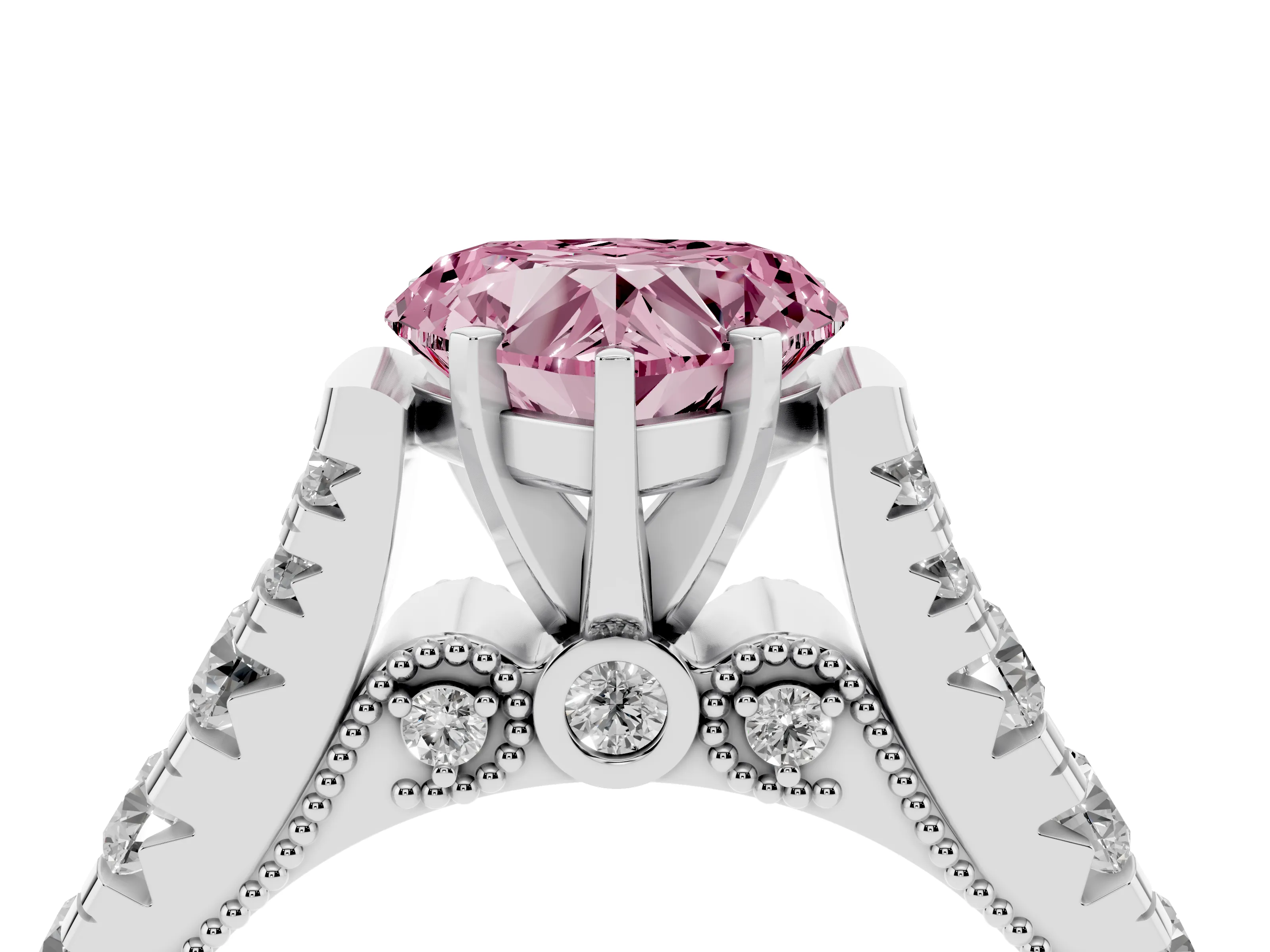 Fancy Pink Heart Cut Diamond Classic Solitaire Ring Set in Silver with Pavé Band and Prong Setting