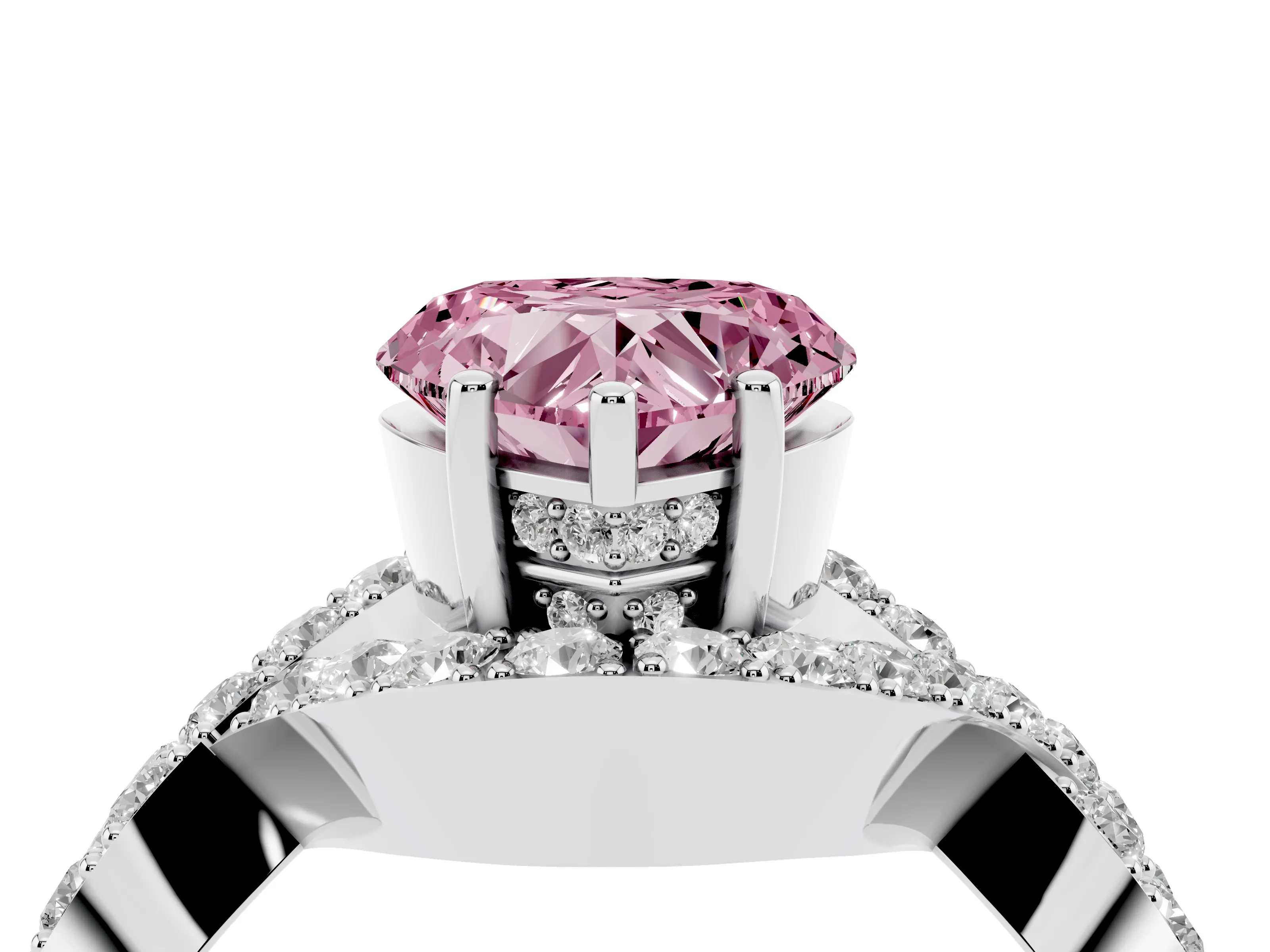Fancy Pink Heart Cut Diamond Solitaire Twist Band Pavé Engagement Ring Set in Platinum