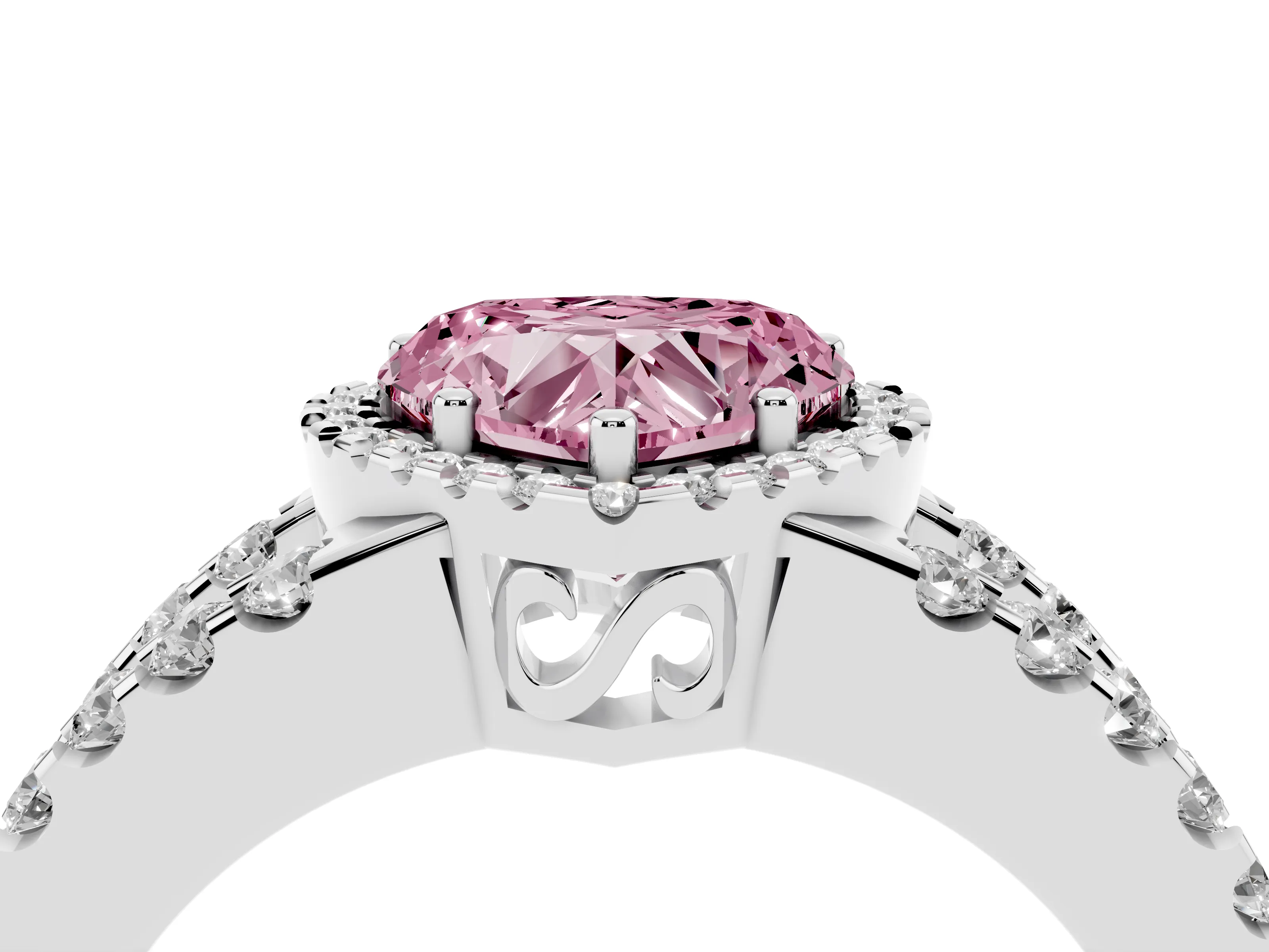 Fancy Pink Heart Cut Diamond Halo Ring Set in Platinum with Pavé Split Shank and Prong Setting