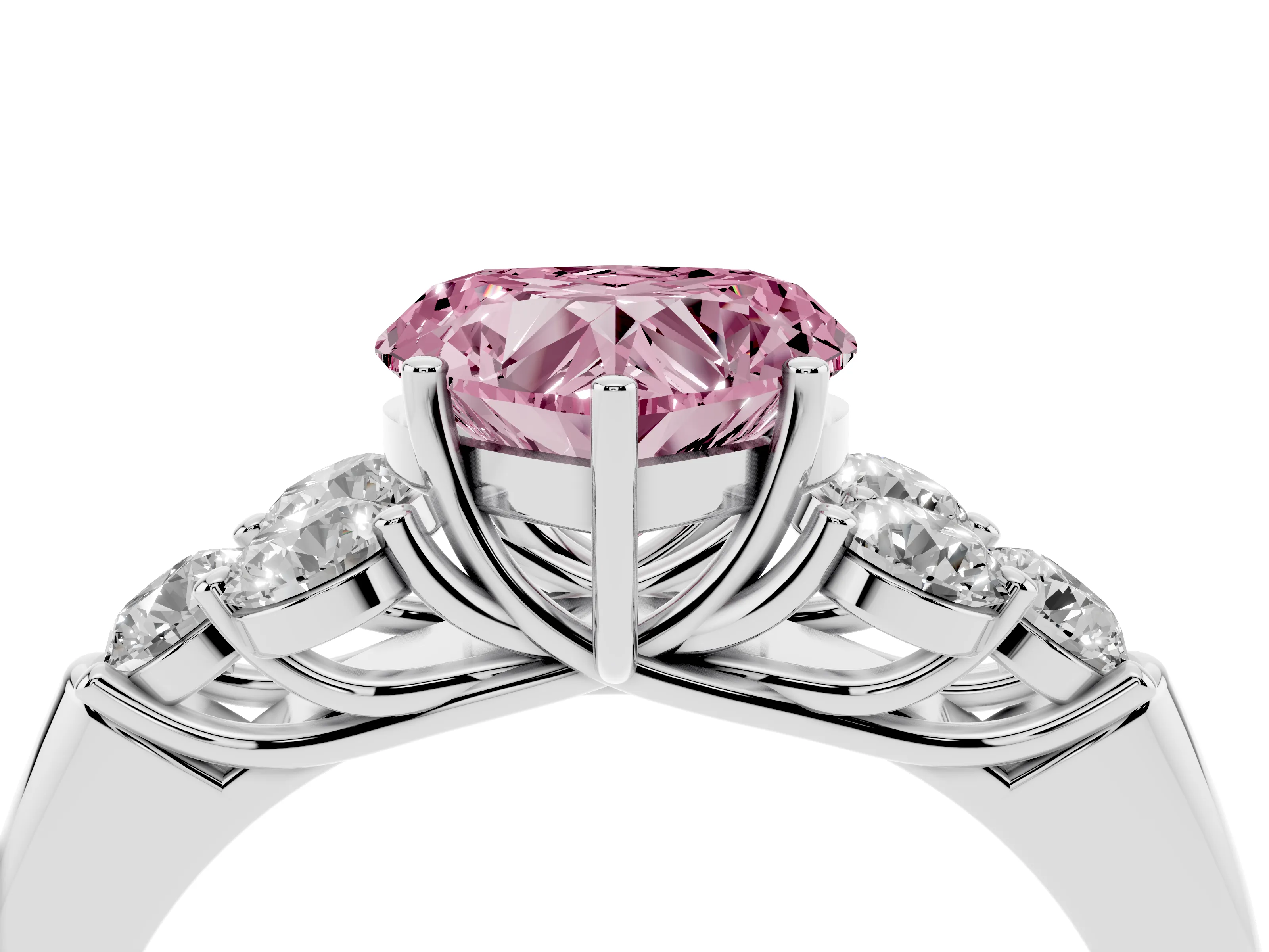 Fancy Pink Heart Cut Diamond Cluster Ring Set in Silver with Round Accent Stones and Prong Setting on a Plain Band