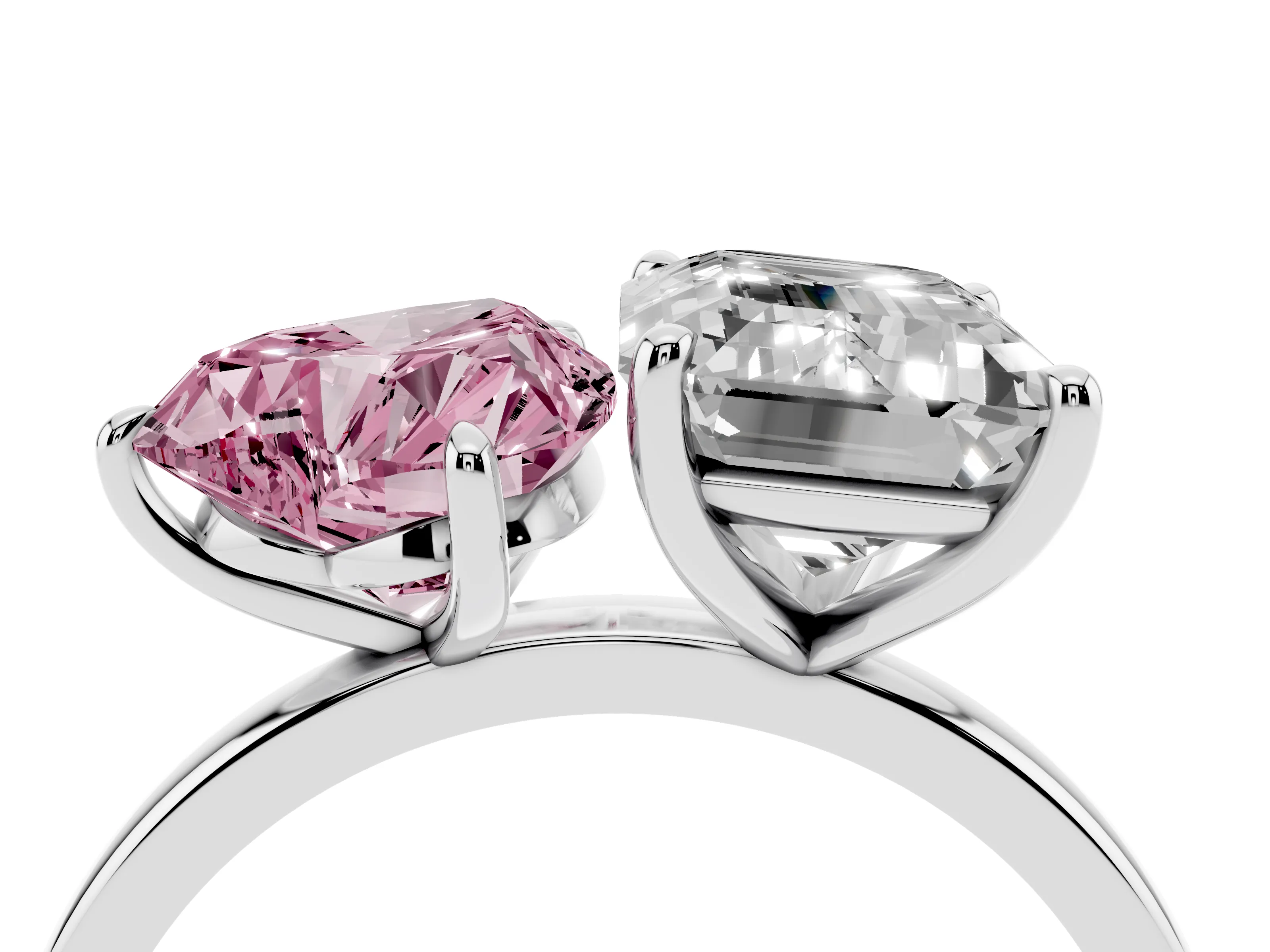 Fancy Pink Heart Cut and Emerald Cut Toi Moi Ring Set in Silver with Prong Setting