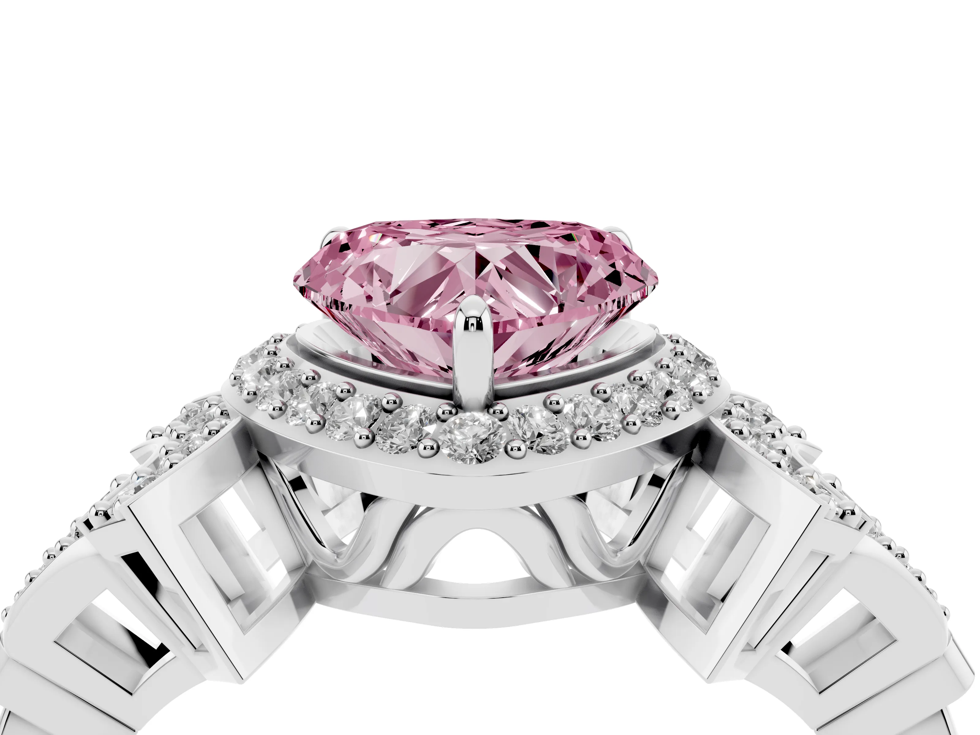 Fancy Pink Heart Cut Diamond Halo Engagement Ring Set in Platinum with Accent Stone Split Shank