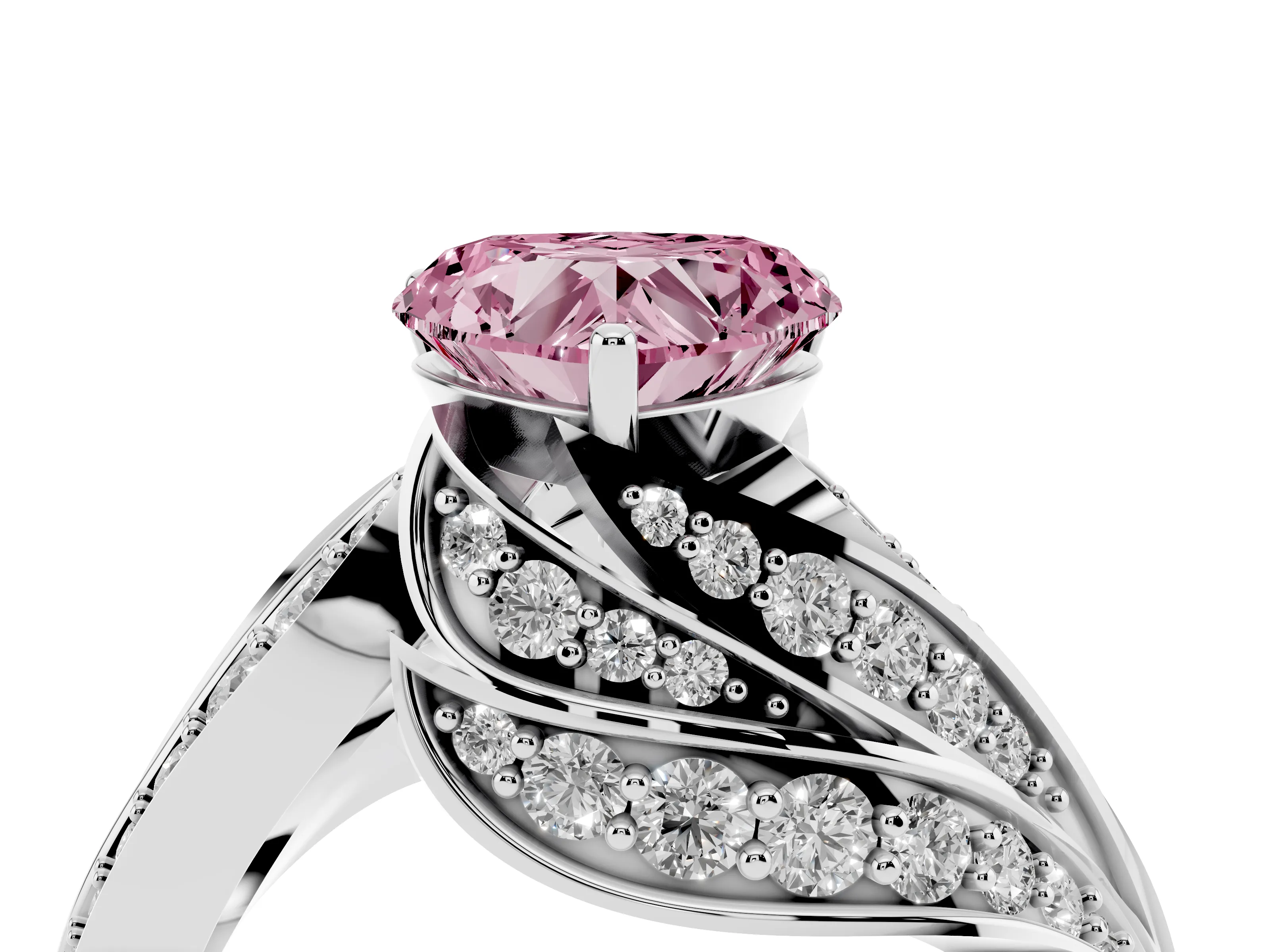 Fancy Pink Heart Cut Diamond Solitaire Ring Set in Platinum with Layered Twist Pavé Band