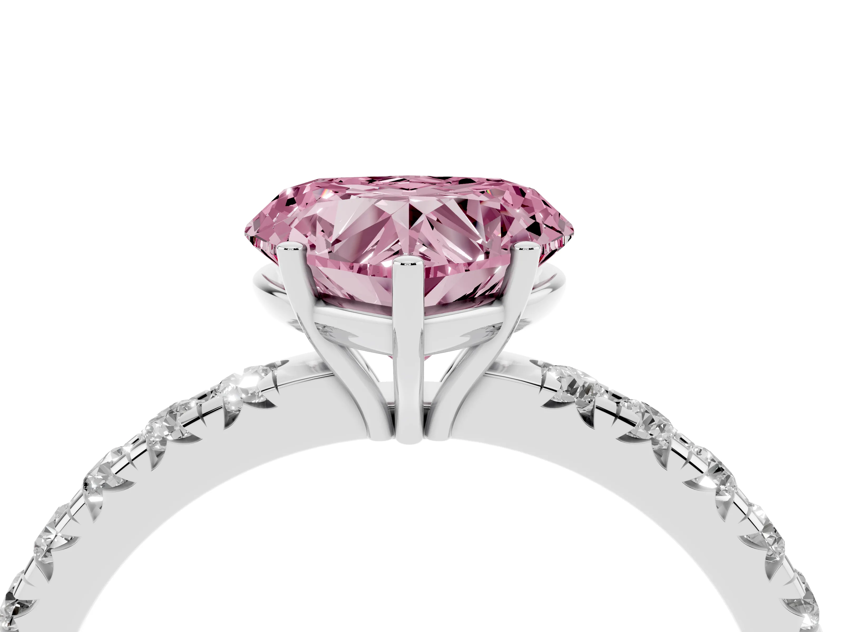 Fancy Pink Heart Cut Diamond Pavé Solitaire Engagement Ring Set in White gold with Prong Setting