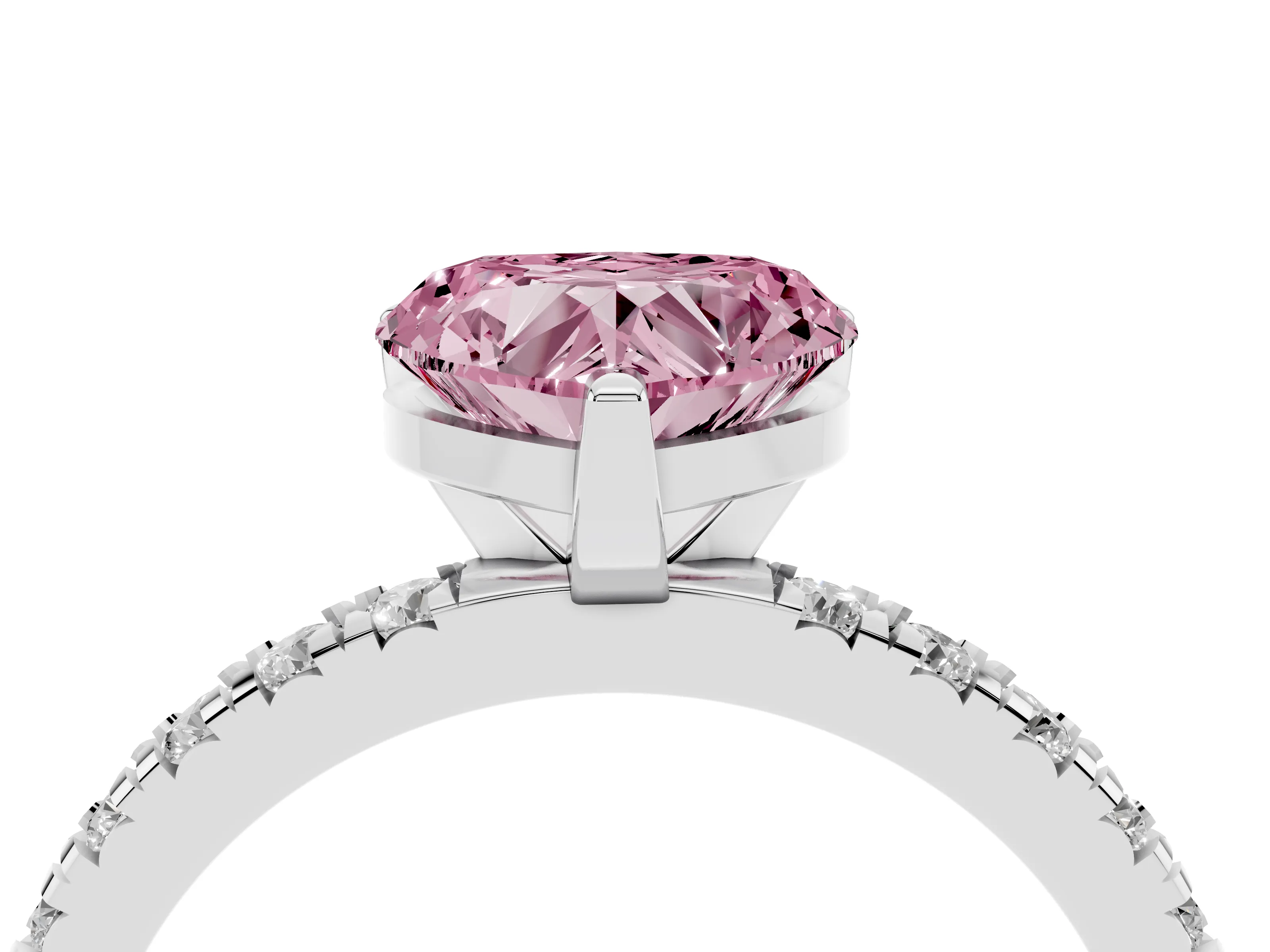 Fancy Pink Heart Cut Diamond Pavé Band Solitaire Set in Silver with Prong Setting