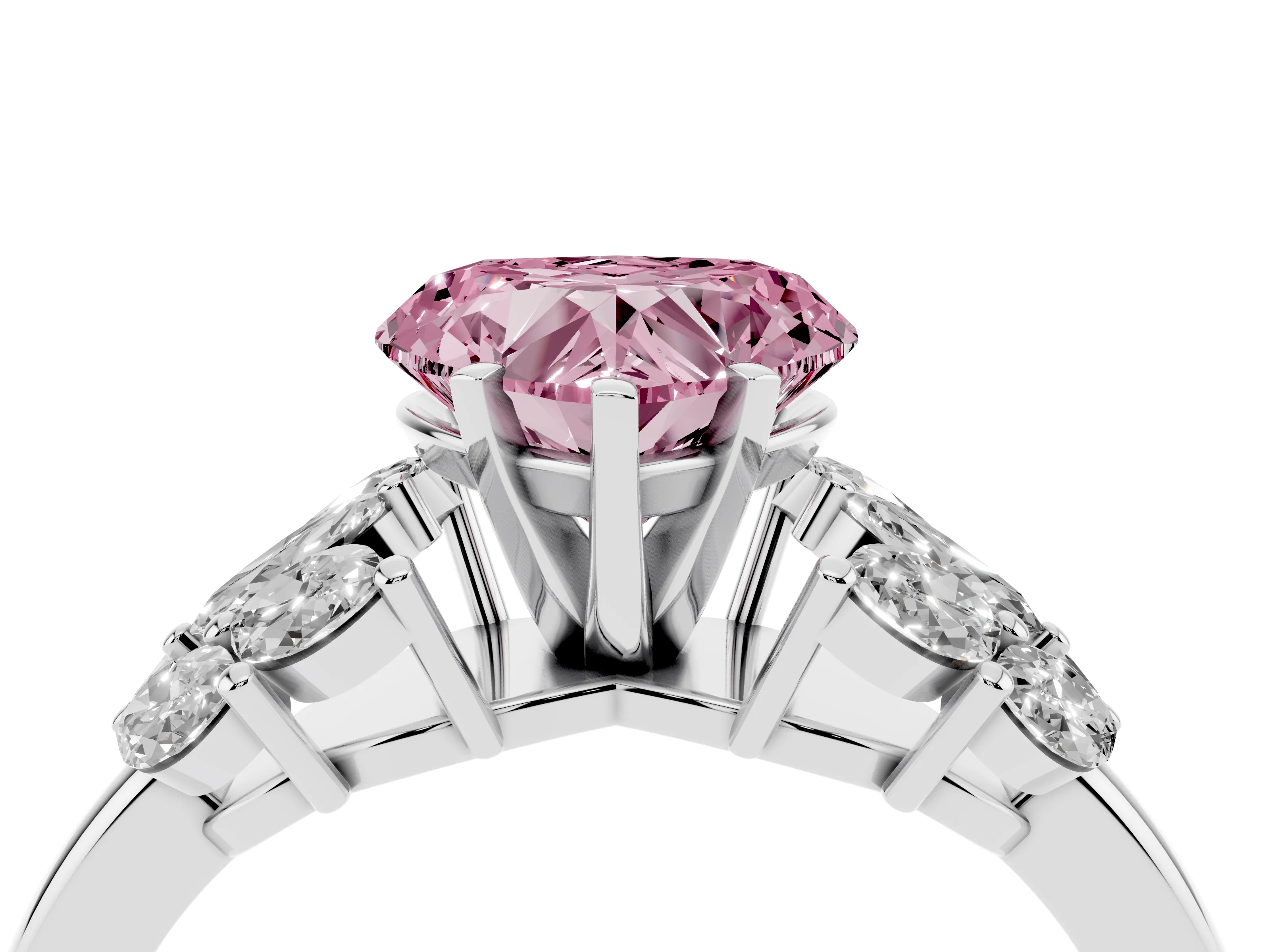 Fancy Pink Heart Cut Diamond Cluster Leaf Design Ring Set in Silver with Prong Setting