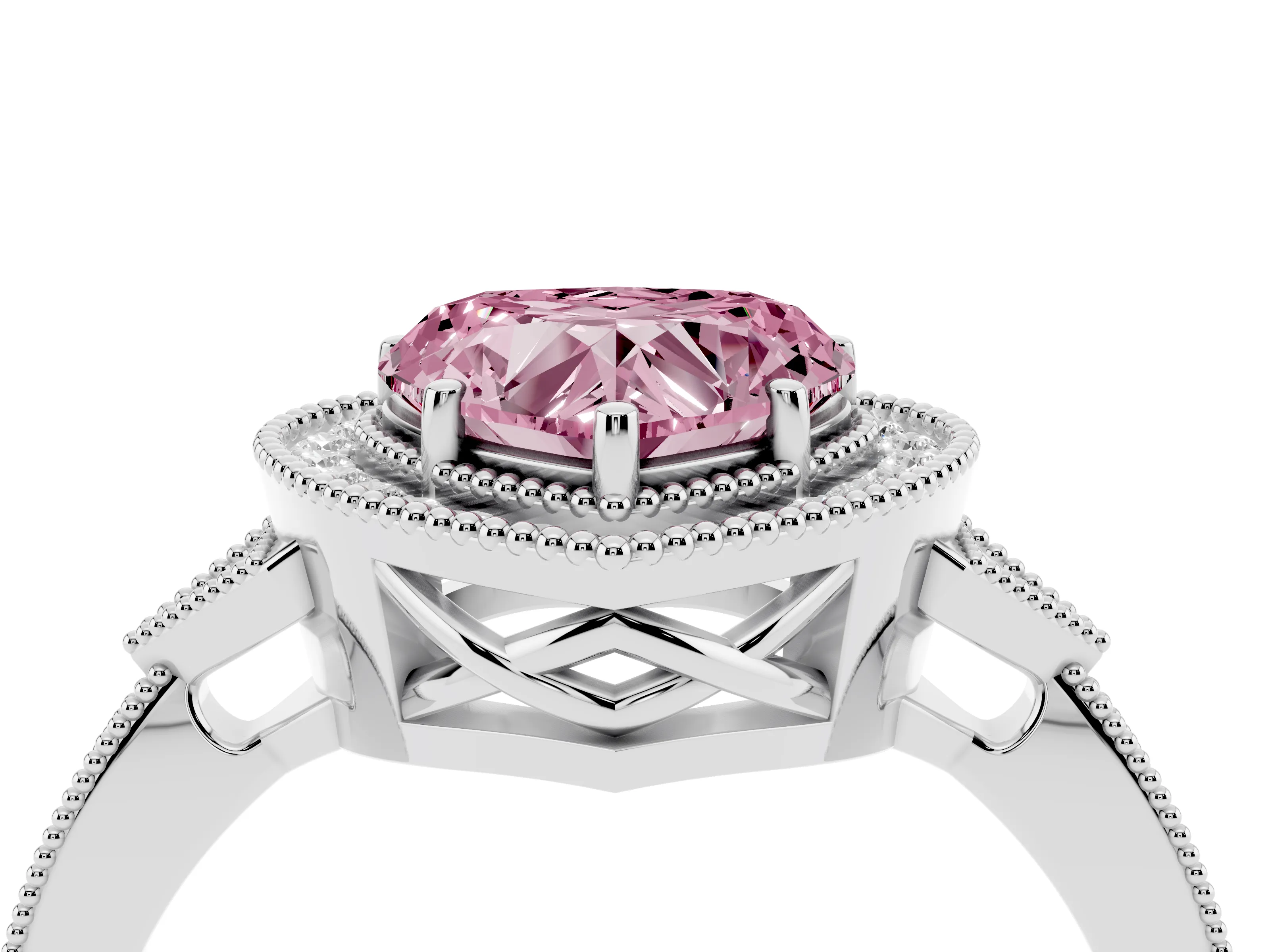 Fancy Pink Heart Cut Diamond Halo Engagement Ring Set in White gold with Milgrain Pavé Band
