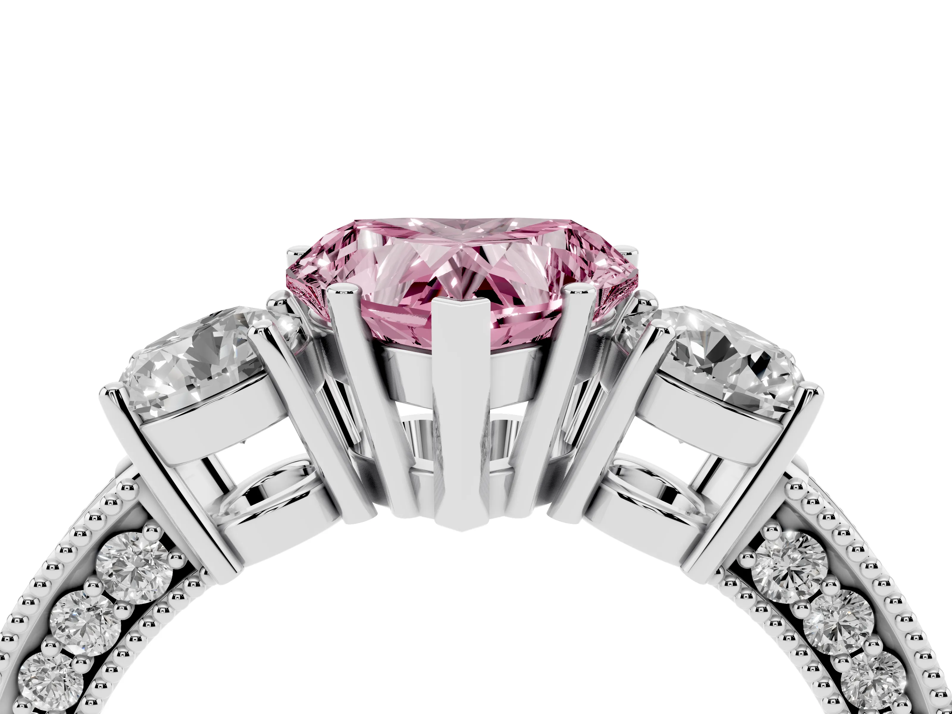 Fancy Pink Heart Cut Diamond Three-Stone Ring Set in White gold with Round Side Stones and Pavé Band
