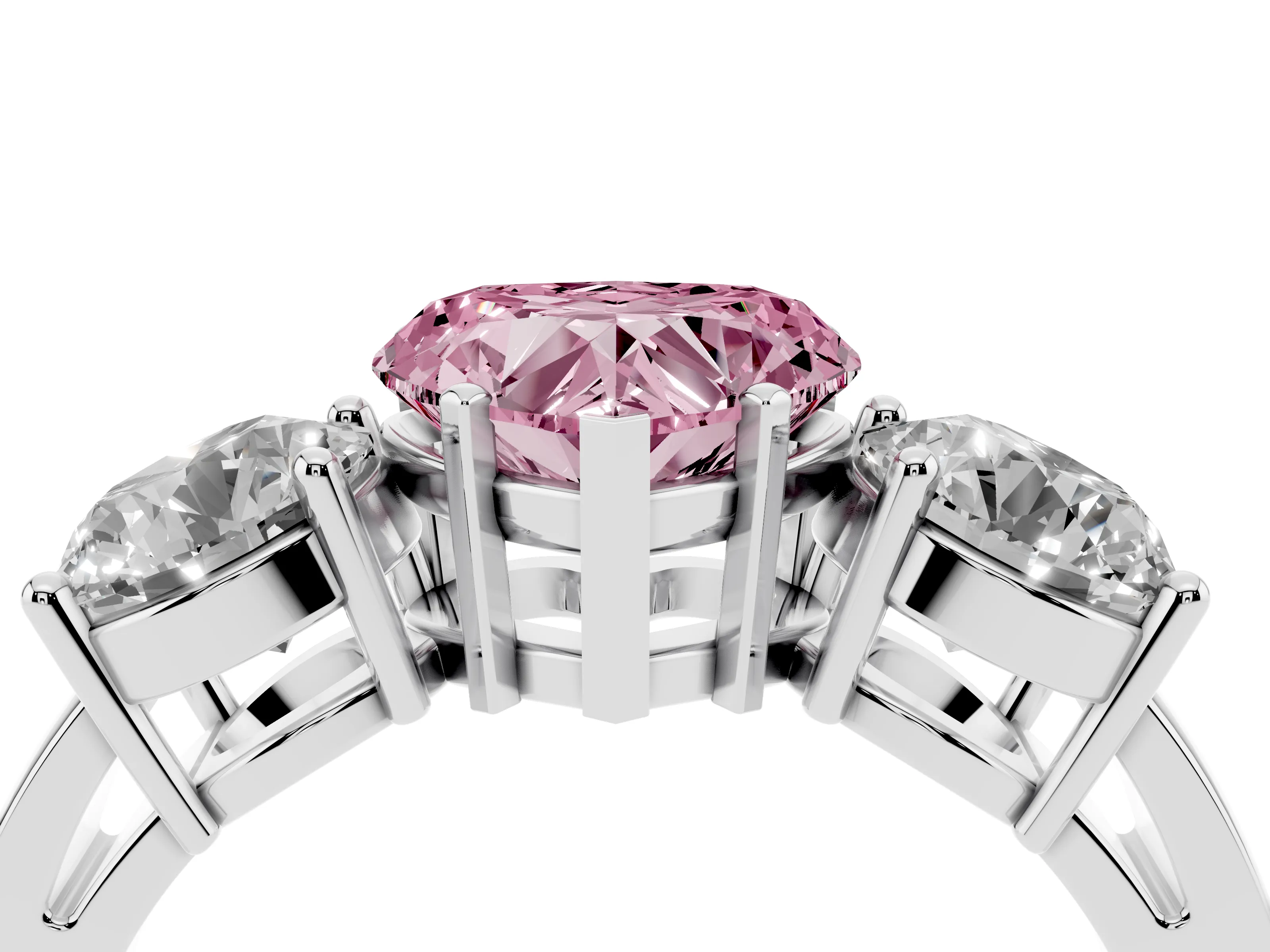 Fancy Pink Heart Cut Diamond Three-Stone Ring Set in Platinum with Round Side Stones and Classic Band