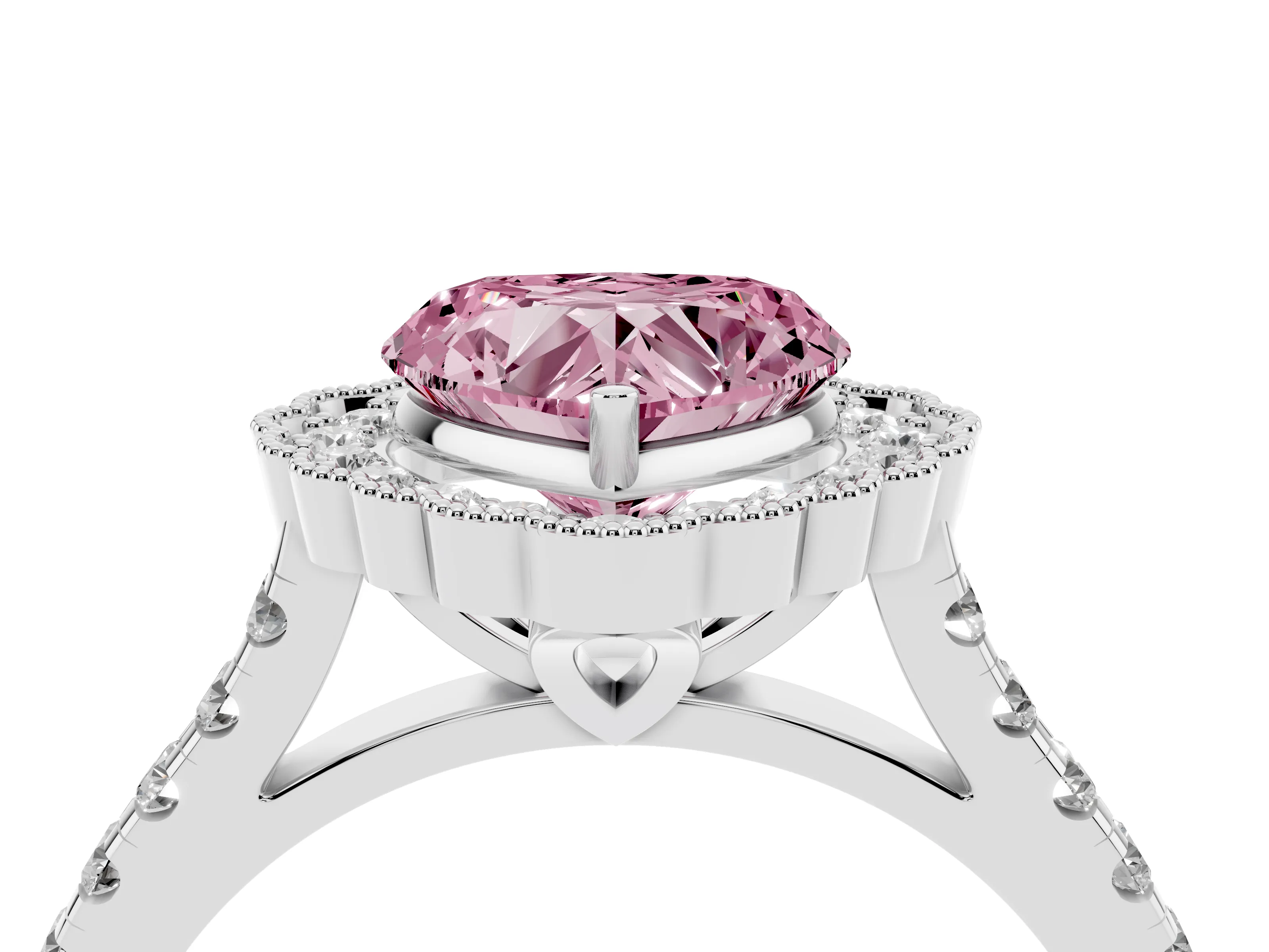 Fancy Pink Heart Cut Diamond Milgrain Floral Halo Engagement Ring Set in White gold with Pavé Band