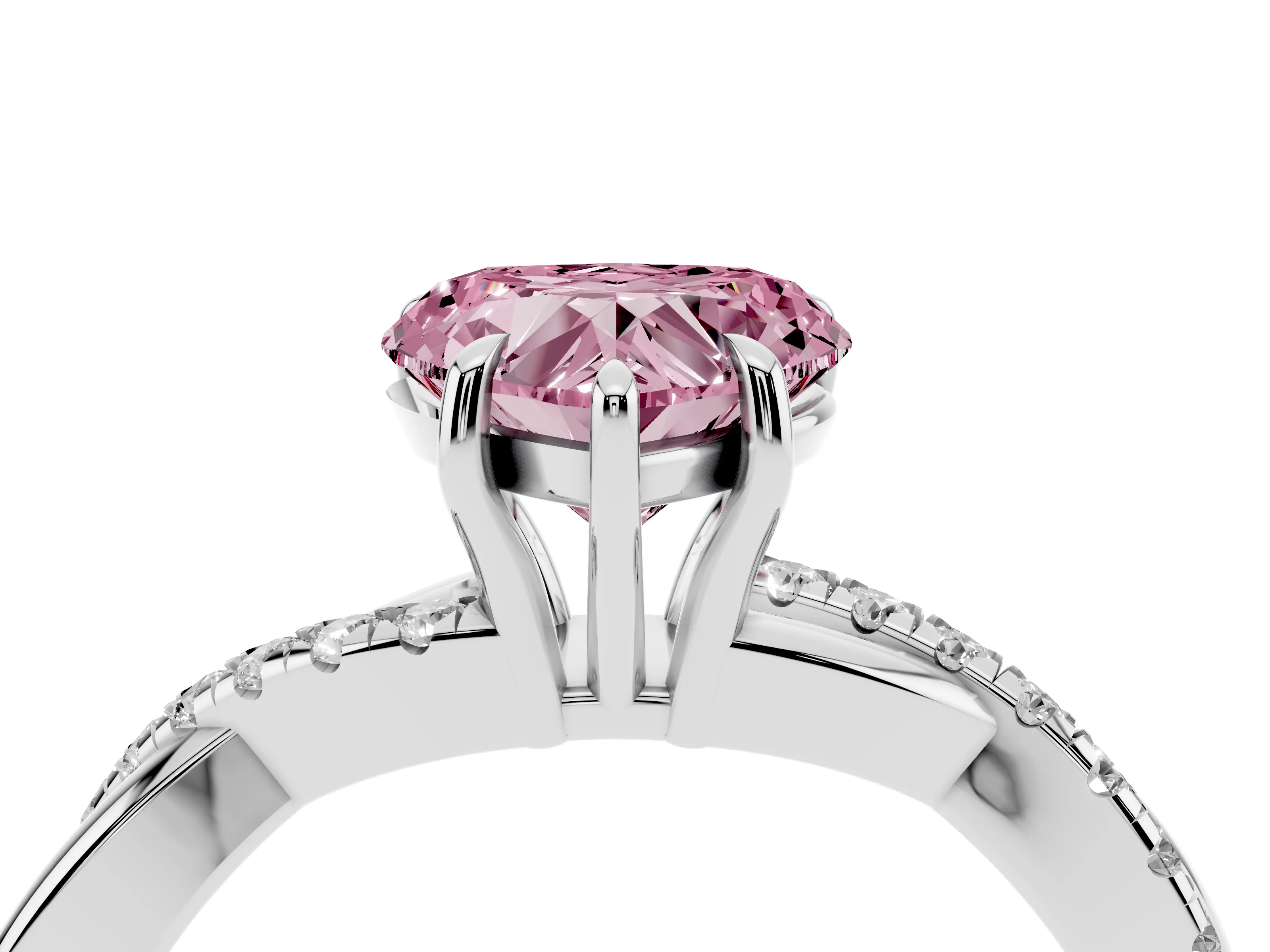 Fancy Pink Heart Cut Diamond Twisted Pavé Band Ring Set in Silver with Prong Setting