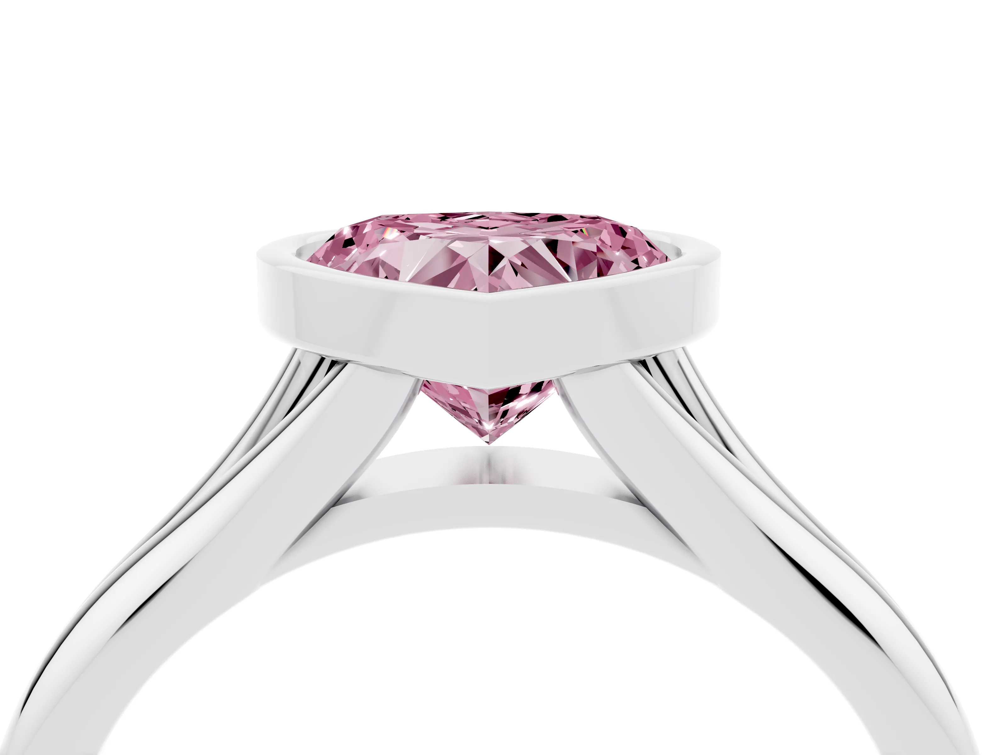 Fancy Pink Bezel Set Heart Cut Diamond Solitaire Ring Set in White gold with Smooth Band