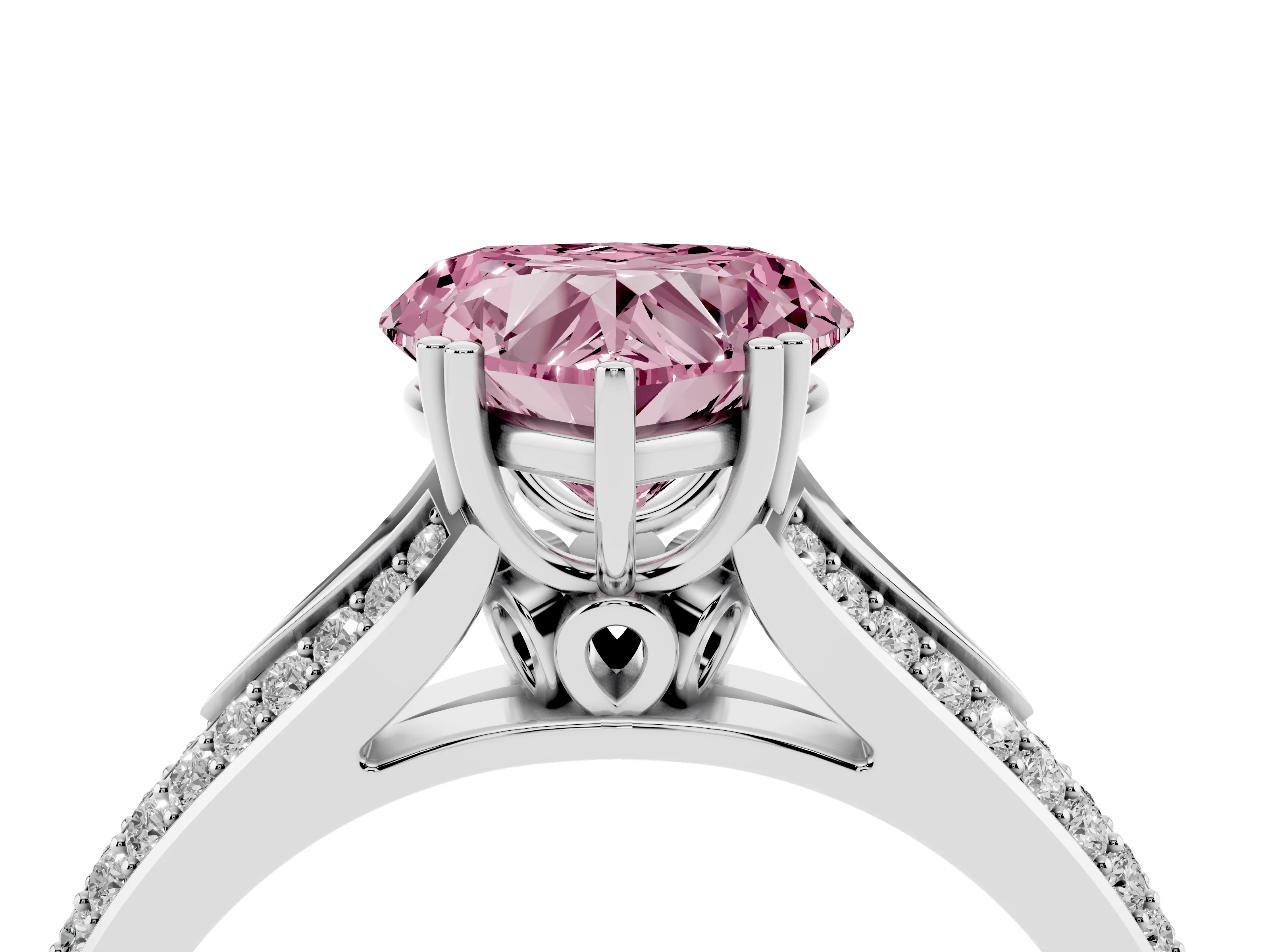 Fancy Pink Heart Cut Diamond Split Shank Pavé Engagement Ring Set in White gold with Prong-Set Center Stone