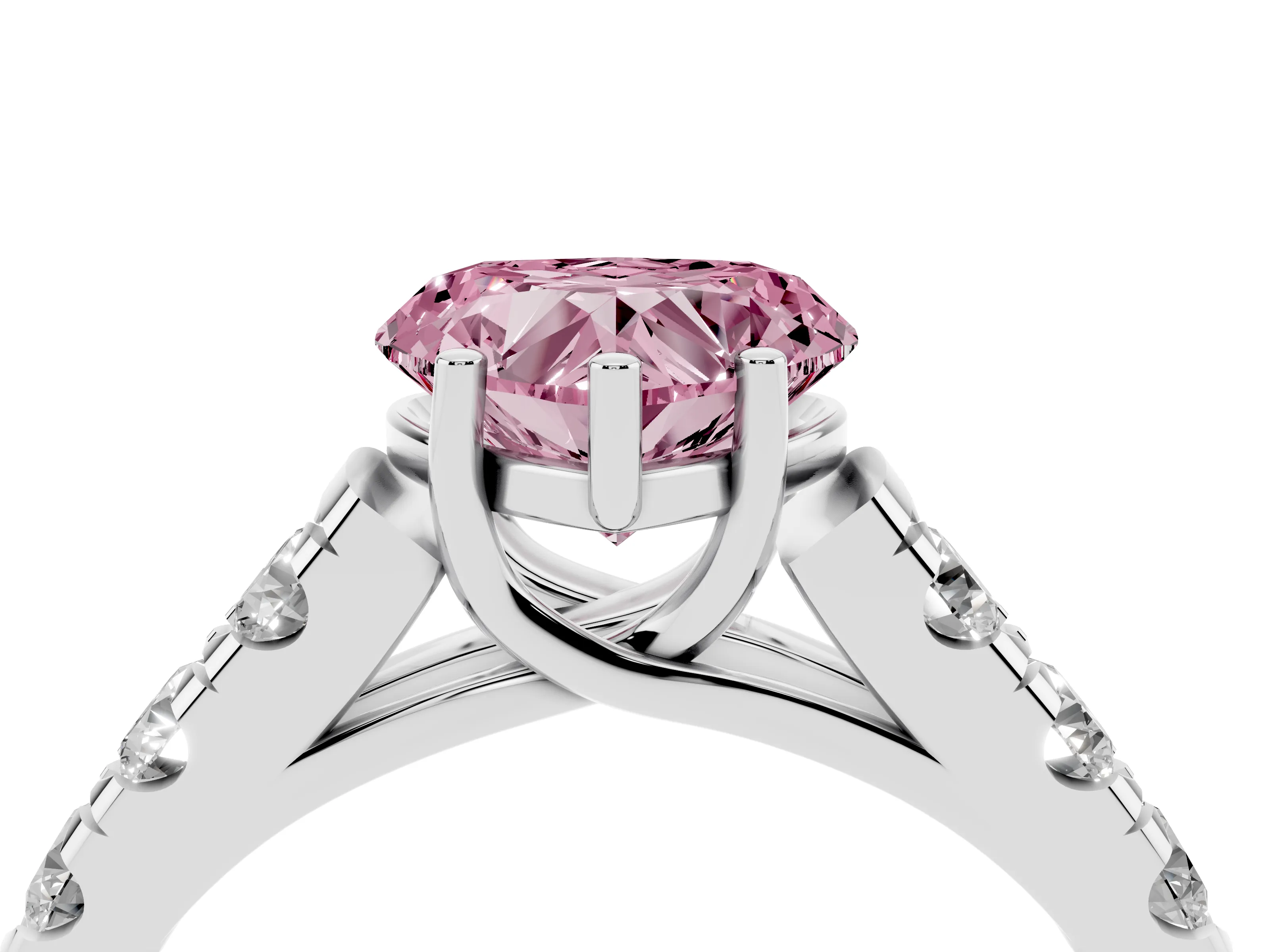 Fancy Pink Heart Cut Diamond Solitaire Ring Set in White gold with Cut-Down Micro Pavé Band and Prong Setting