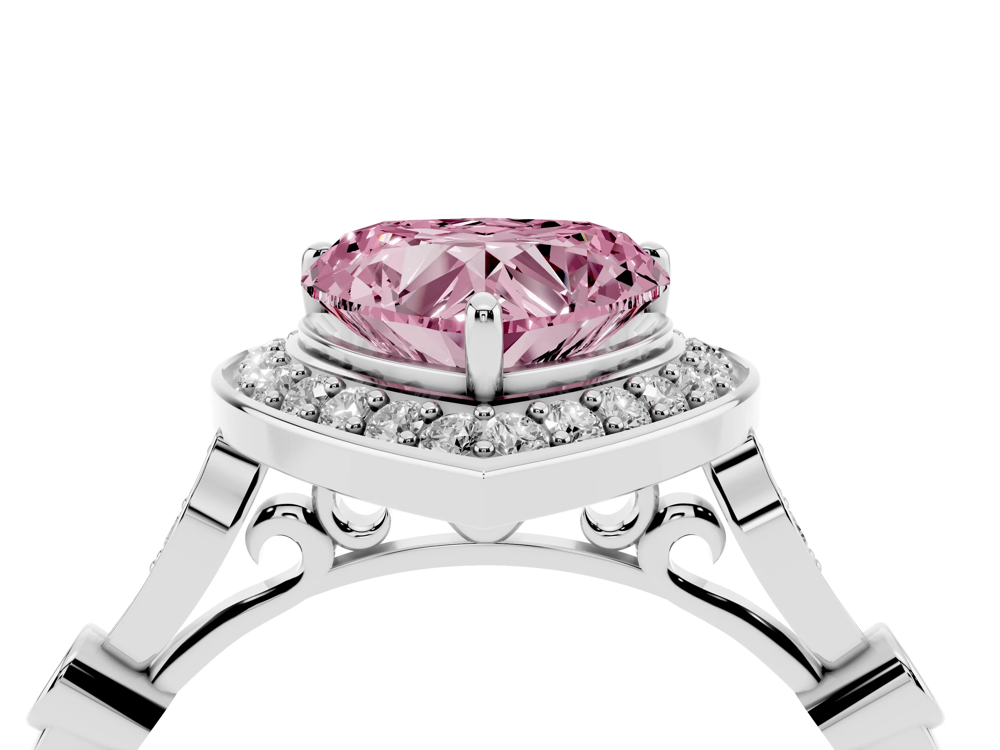Fancy Pink Heart Cut Diamond Halo Engagement Ring Set in Platinum with Twisted Band and Prong Setting