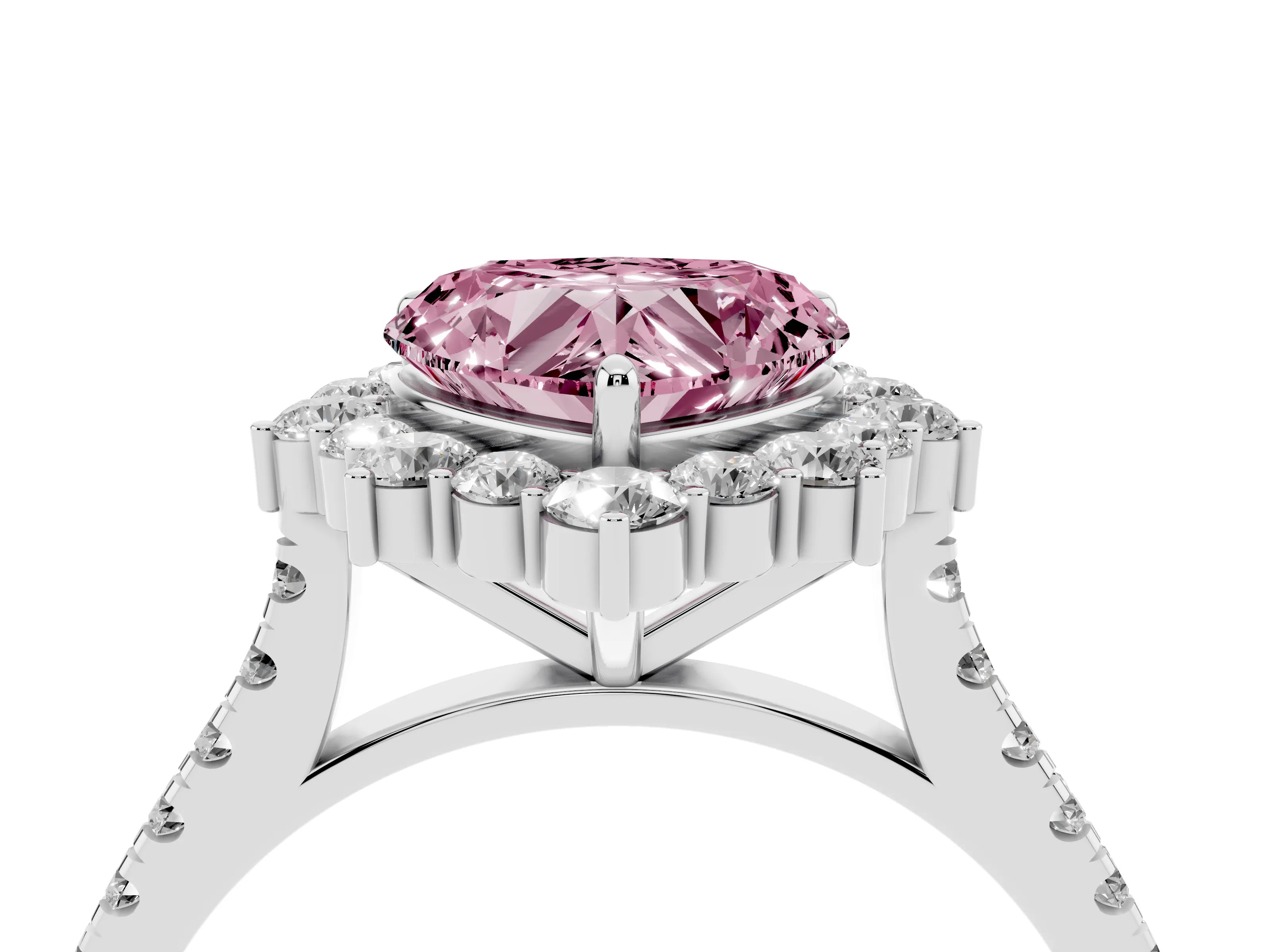 Fancy Pink Heart Cut Diamond Halo Ring Set in Silver with Pavé Band and Prong Setting